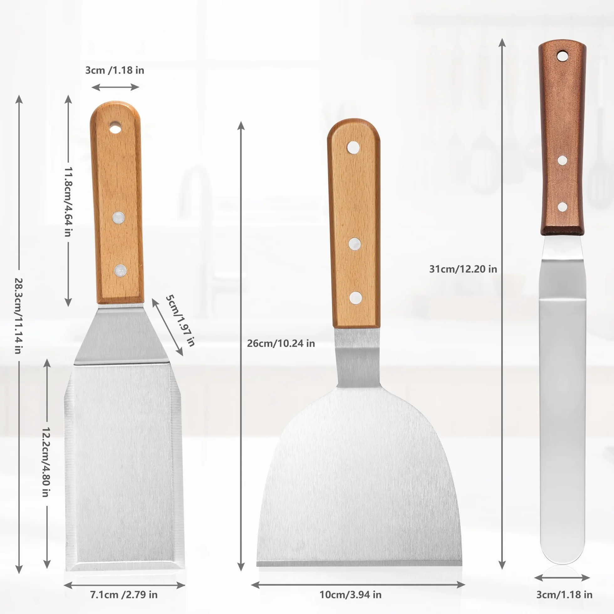Elalove Set de 3 Spatules Professionnelles pour Plancha - Spatule Acier Inoxydable 26cm avec Grattoir, Argent
