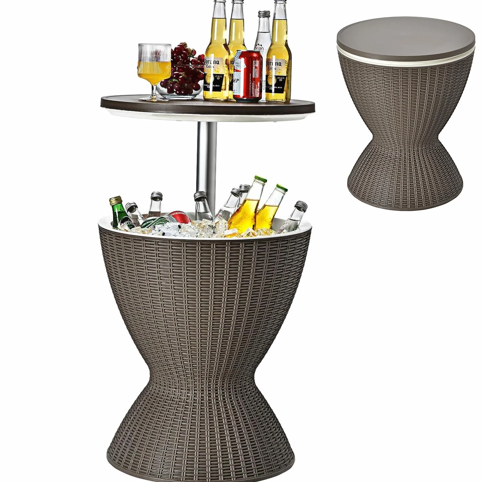 COSTWAY Table Glacière 30L 2 en 1 avec Plateau Relevable, Seau à Glace Imitation Rotin, Ø 43 x 57,5/82 cm Brun