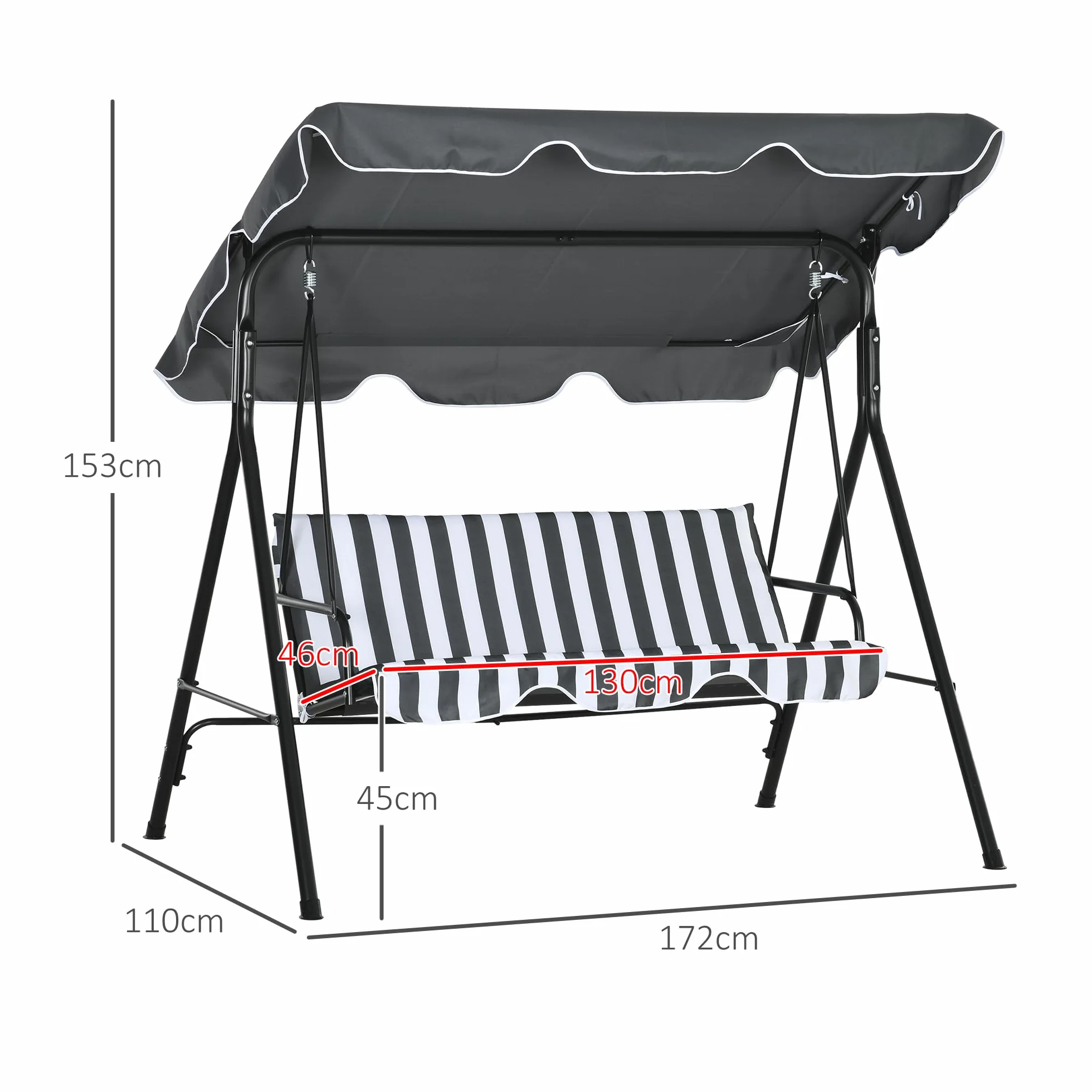 Outsunny Balancelle de Jardin 3 Places Toit Inclinaison réglable 1,72L x 1,1l x 1,53H m Acier Noir Polyester Gris