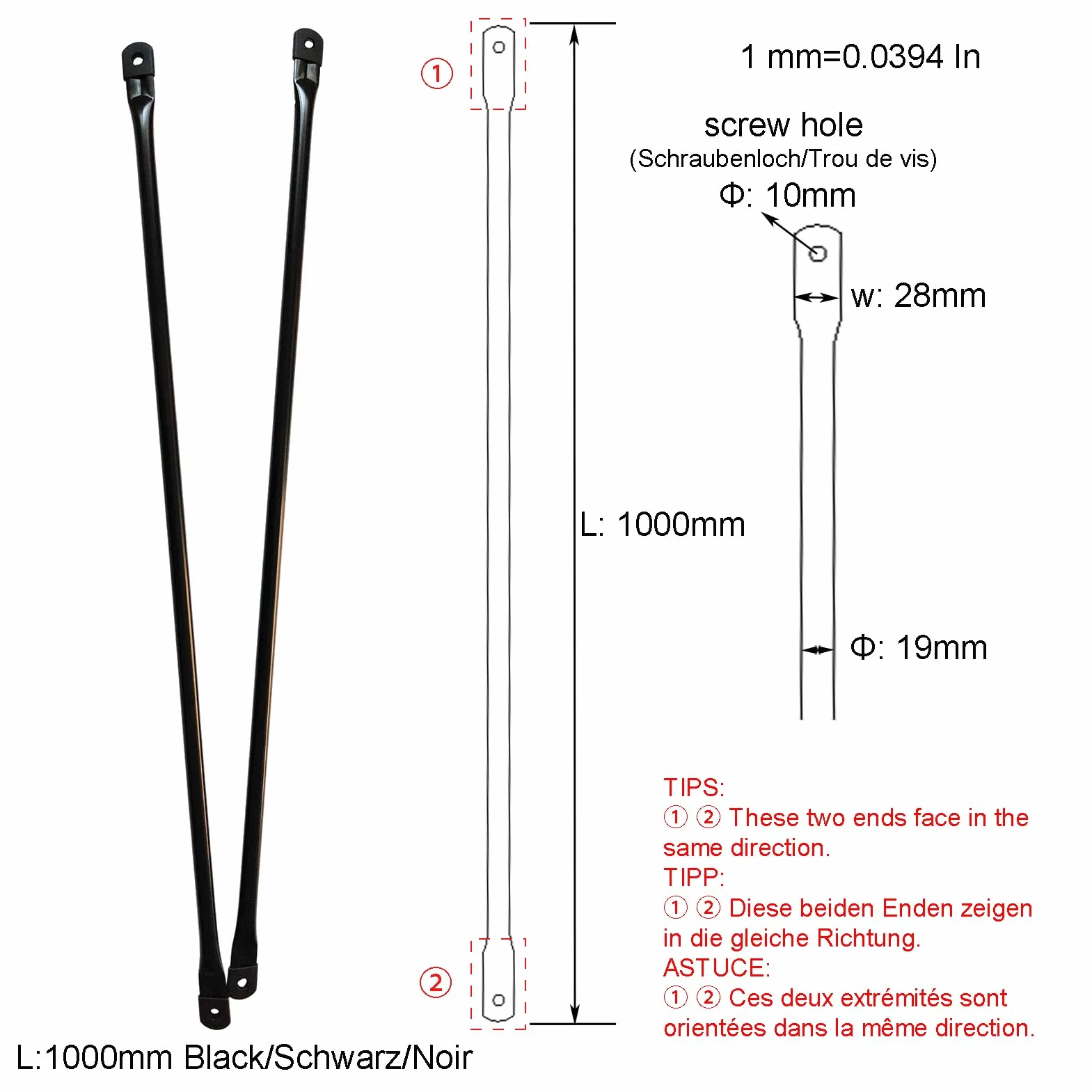 Barres de Suspension pour balancelles avec auvent 100cm (39.4") en métal Noir