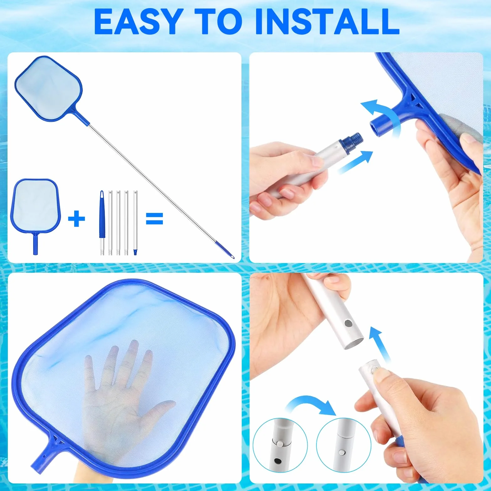Kit de Nettoyage de Spa, Épuisette Piscine à Maille Fine, Perche Télescopique Aluminium 5 Sections, Brosse Éponge et Brosse Nettoyante