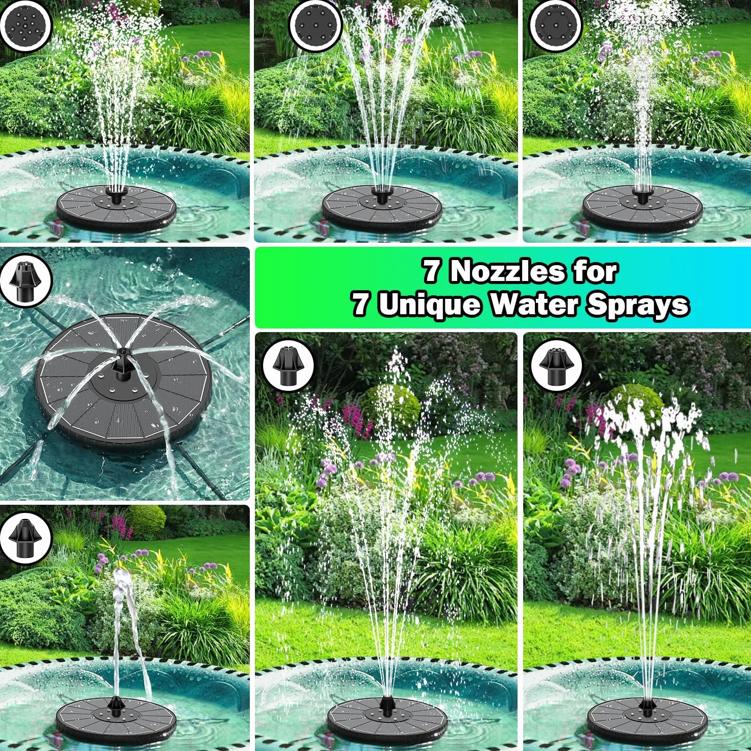 Fontaine Solaire LED Colorée 3.5W Extérieur Flottante Pompe Bassin Solaire 3 Modes Réglage Hauteur d’Eau 2000mAh Batterie avec 7 Buses&Barres Rotatives Jardin Noir