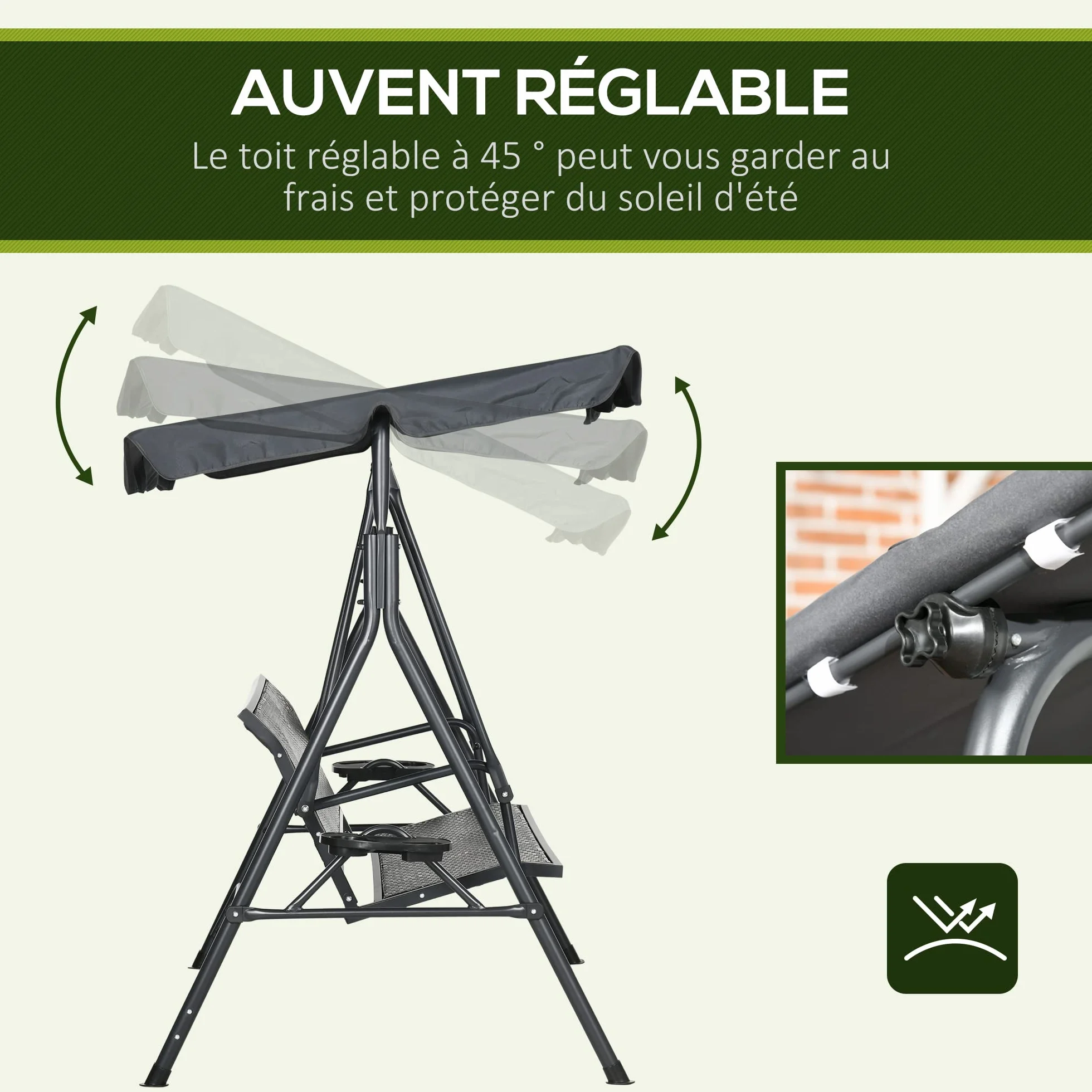 Outsunny Balancelle de Jardin 3 Places Toit Inclinaison réglable Porte-gobelets Plateaux Résine Tressée PE Acier Polyester Gris Foncé Marron