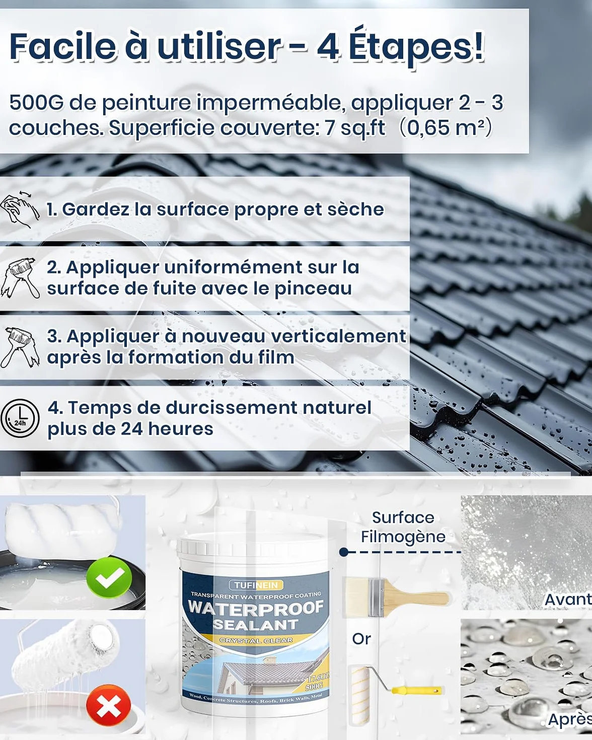 Agent de Revêtement Imperméable Transparent, 500G Liquide d'Étanchéité Transparent Fuite Réparation Étanchéité Intérieure et Extérieure Agent Anti-Fuite Étanche