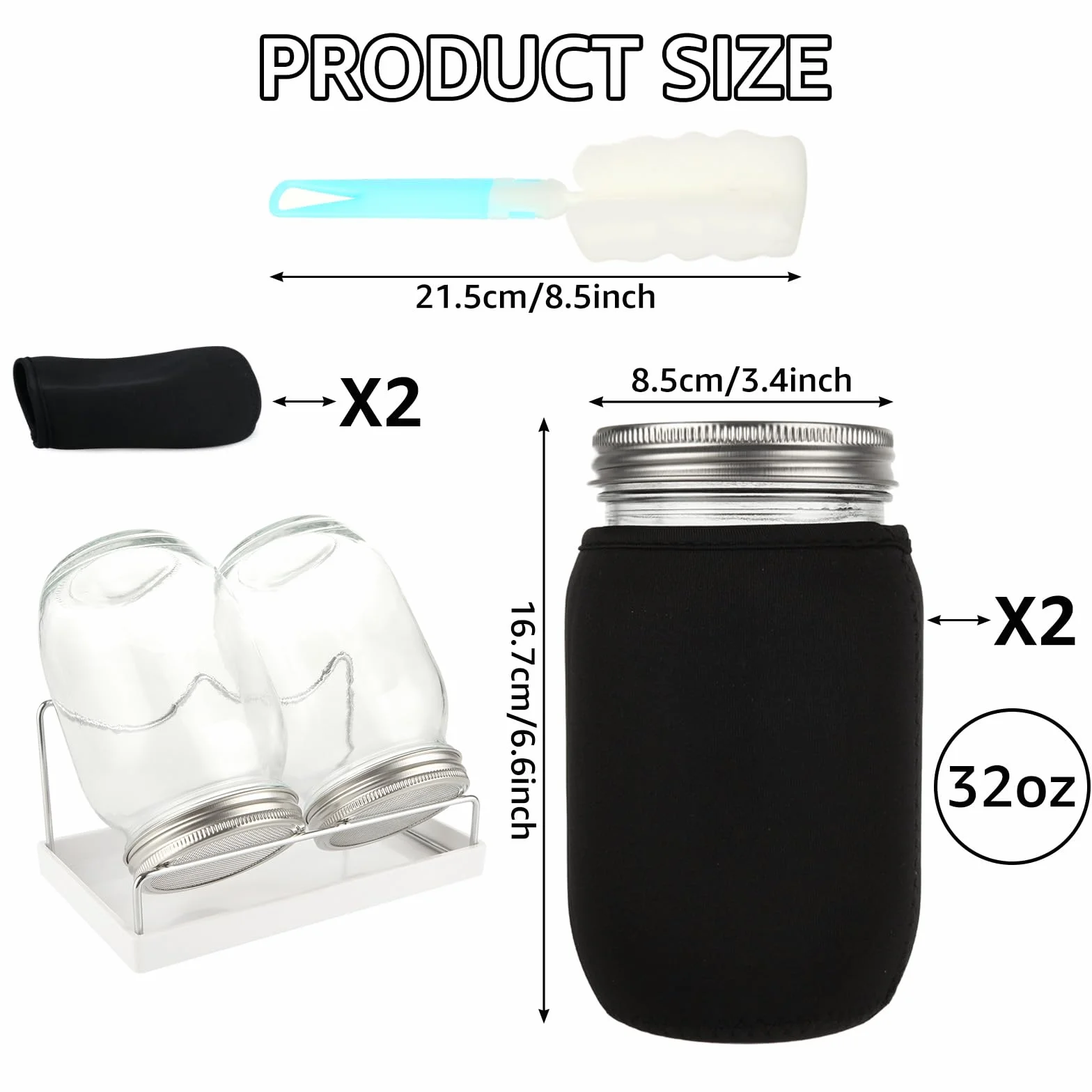 APACALI Lot de 2 bocaux à germer 1000 ml avec couvercles à échelons, support en acier inoxydable pour culture de germes