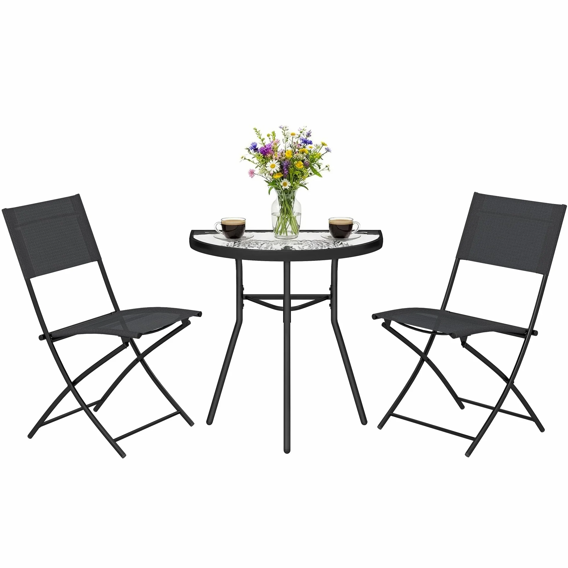 Outsunny Ensemble Salon Jardin Bistrot 3 Pièces Table Semi-Circulaire 2 Chaises Pliantes Maille Cadre Métallique Noir