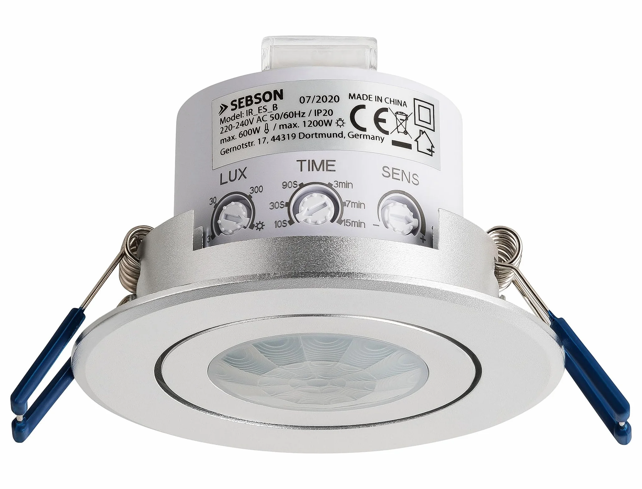 SEBSON Détecteur de Mouvement Intérieur Encastré pour Montage Plafond - programmable, Portée 8m 360°, Compatible LED, orientable, Capteur PIR, 3 Fils