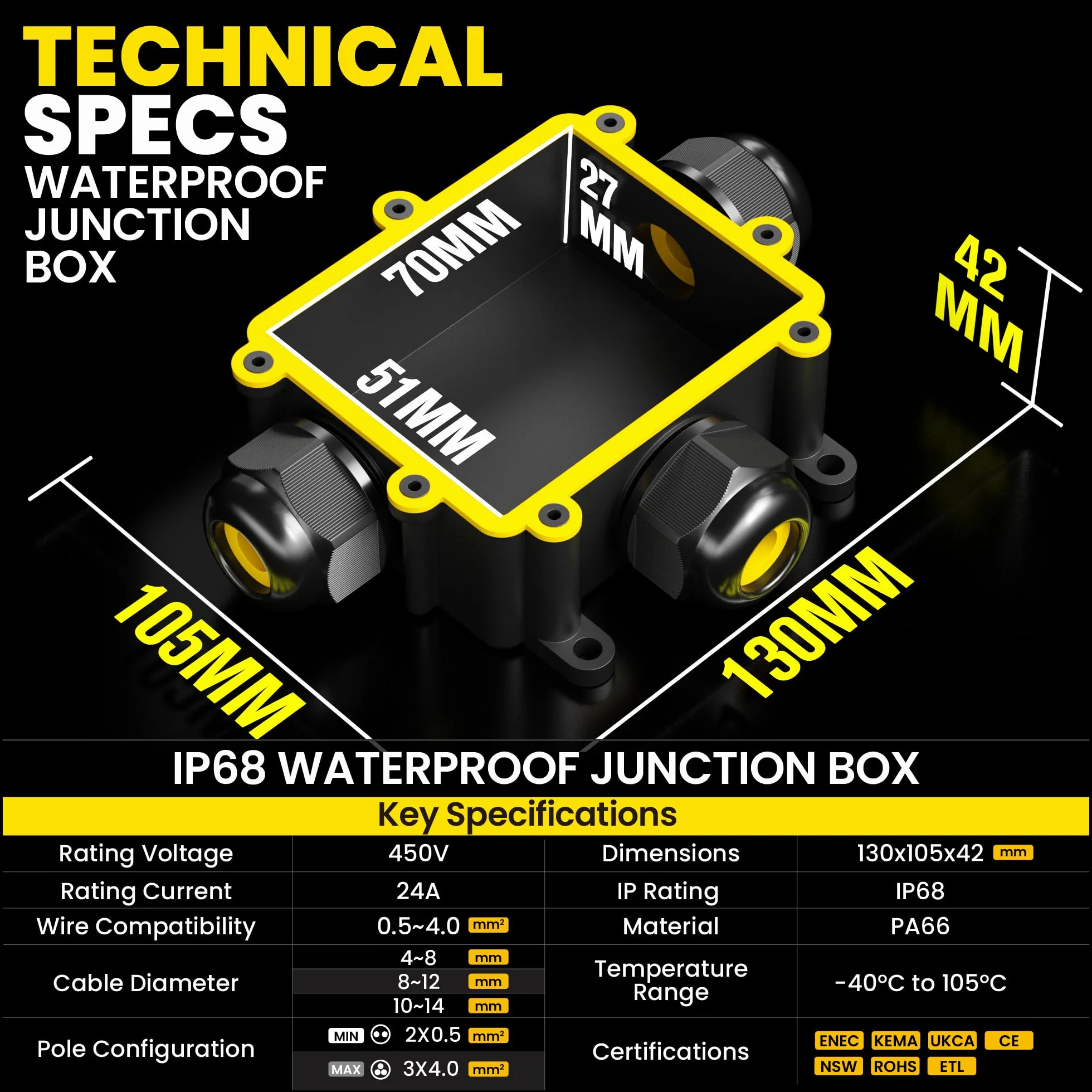 PEBA® Boîte dérivation étanche extérieur IP68,Connecteur Électrique Étanches,Connecteur étanche extérieur à 3 Voies pour câble de Ø4-14 mm de diamètre,Boite Derivation,Boîte de Jonction,Noir