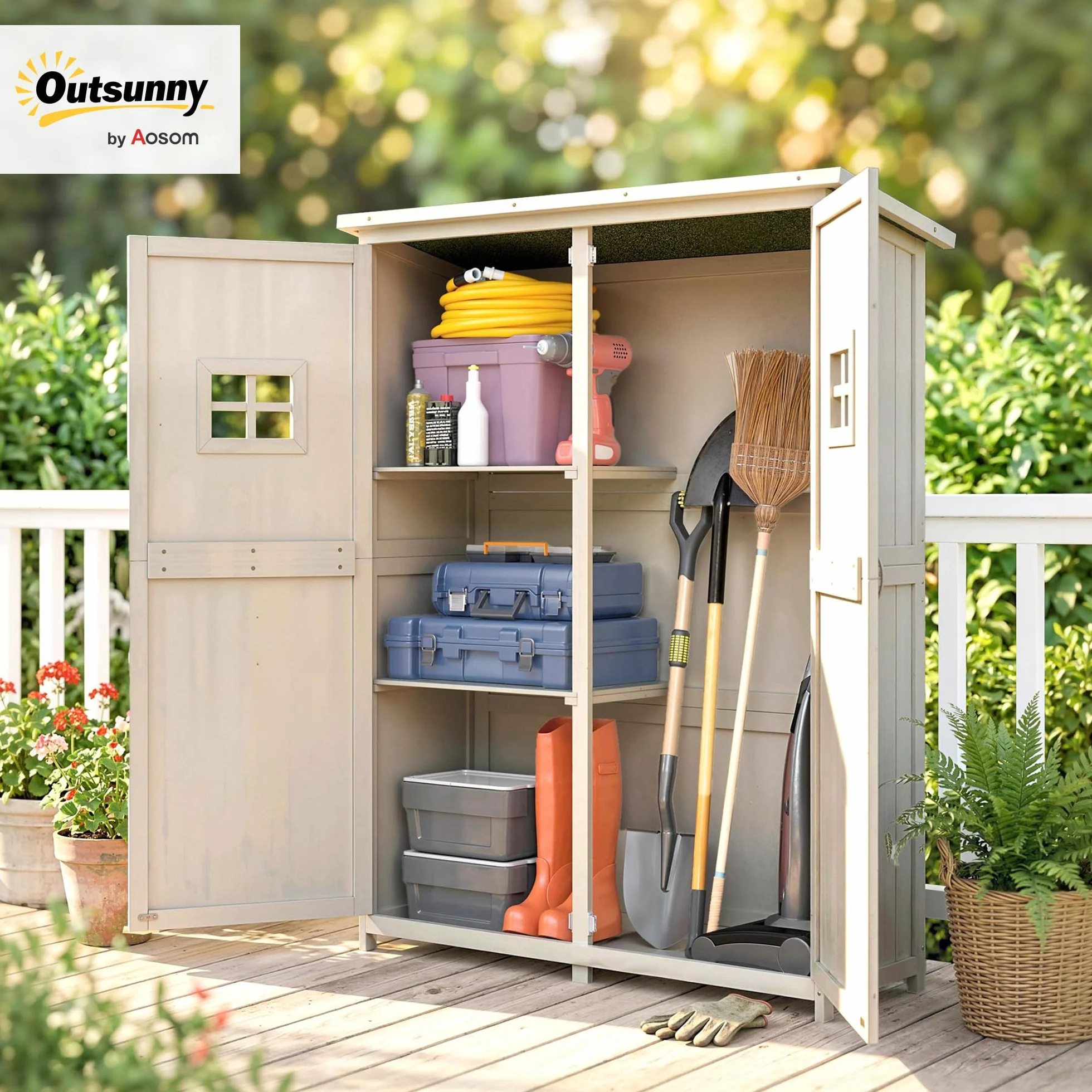 Outsunny Abri de Jardin en Bois Armoire de Jardin 127,5L x 50l x 164H cm 2 étagères 2 Portes Toit bitumé étanche Bois Massif Sapin Gris