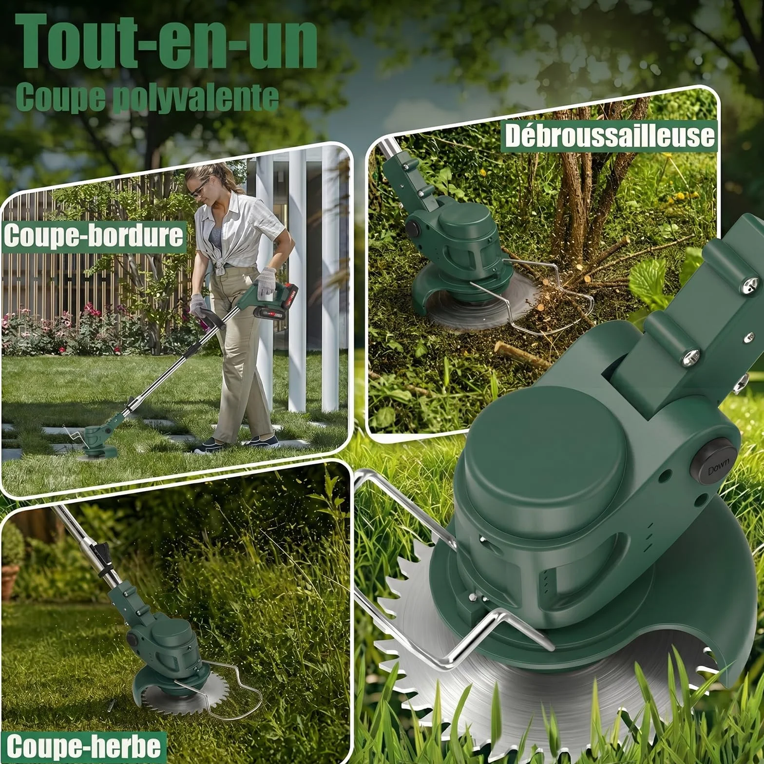Debroussailleuse Electrique sans Fil 850W Rotofil 60cm Manche Telescopique 2x2000mAh 26 Lames Vert Lierre