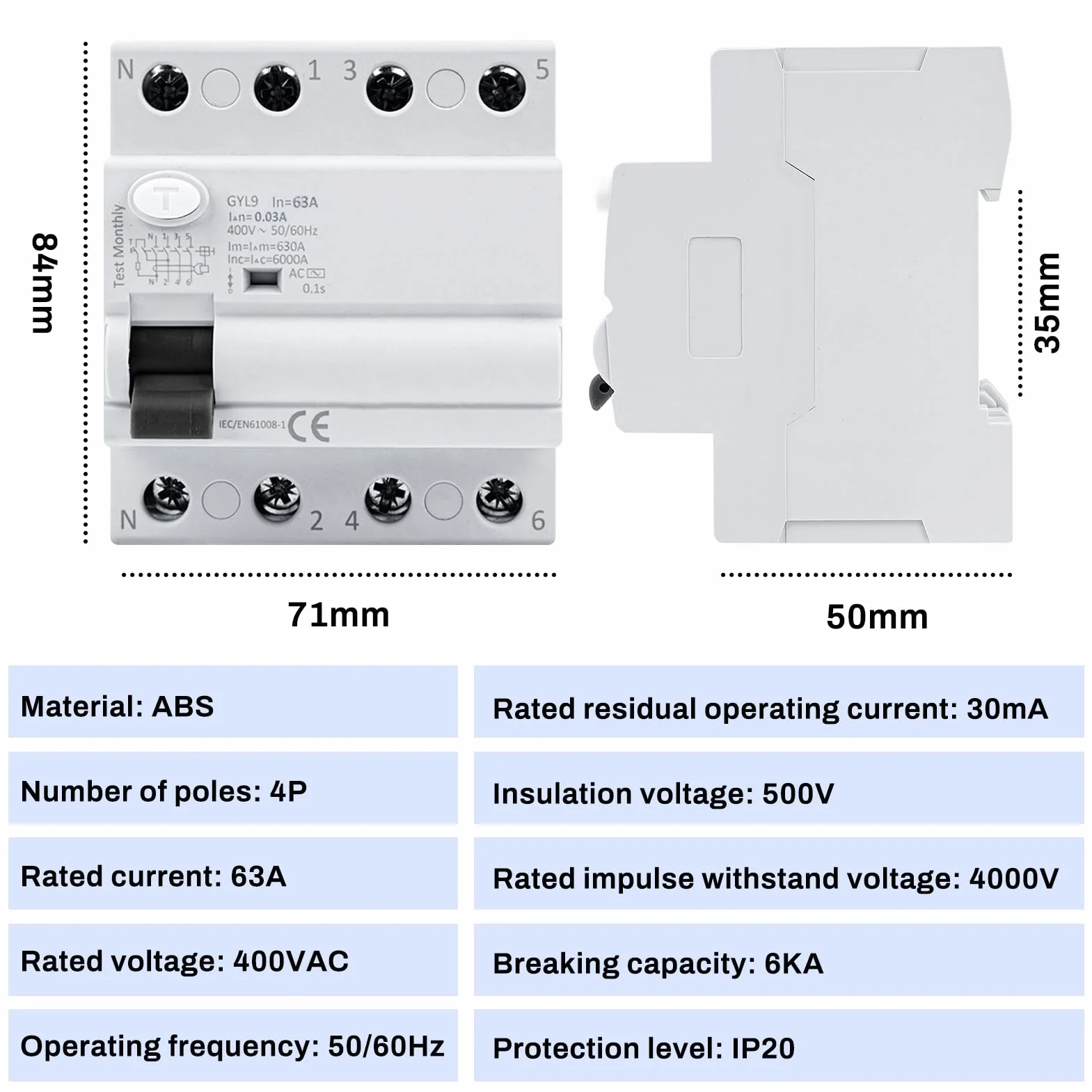 Disjoncteur différentiel 63A 30ma Interrupteur différentiel 4P type AC Disjoncteurs électriques AC 380V, Schützt persönliche Sicherheit und verhindert Geräteausfälle aufgrund von Kriechstrom.