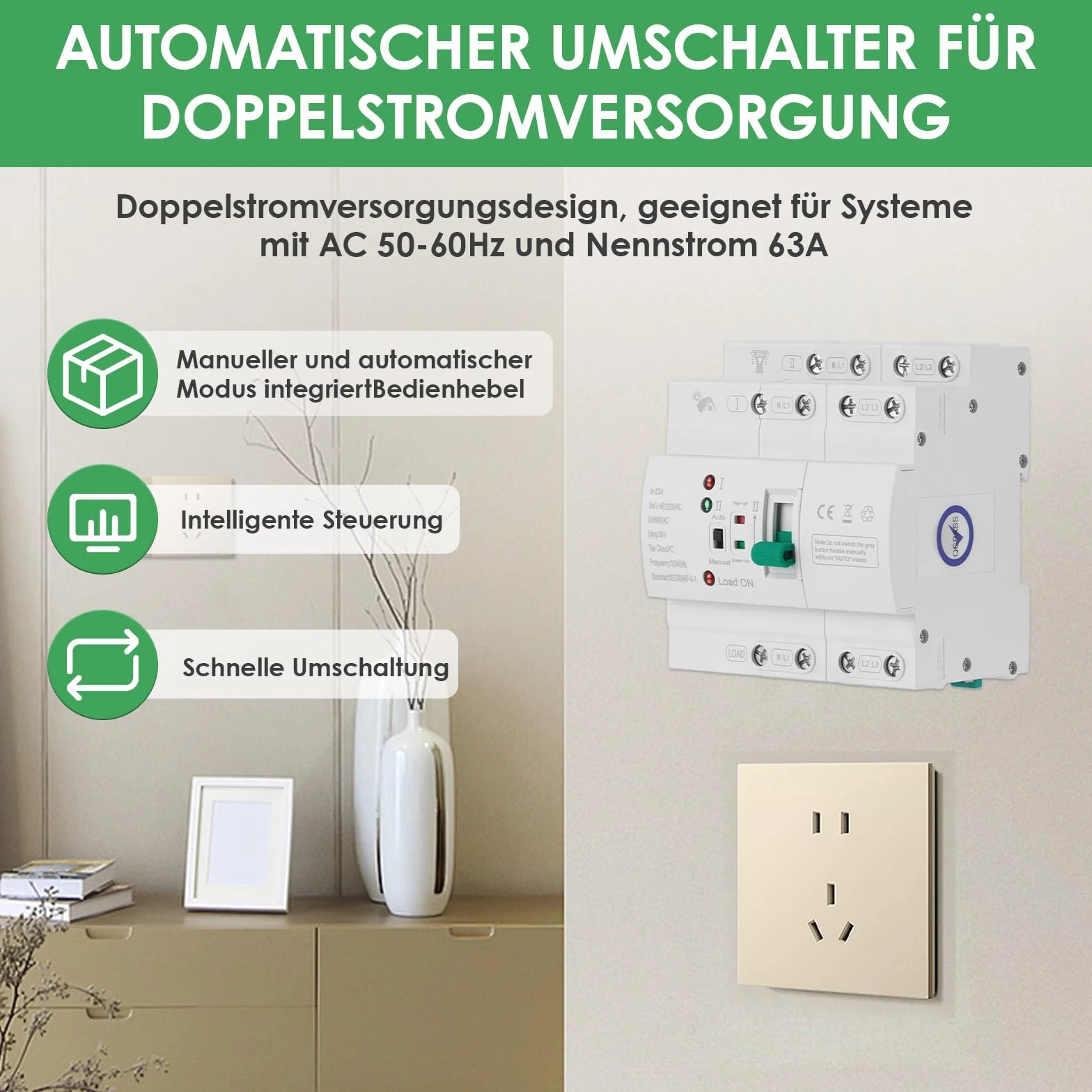 Inverseur de Source Automatique 63A 4P pour Rail DIN, ATS Mini 400V avec Commutation Rapide <50ms pour Générateur de Secours dans Armoire Électrique - Inverseur de Source Monophasé 63a