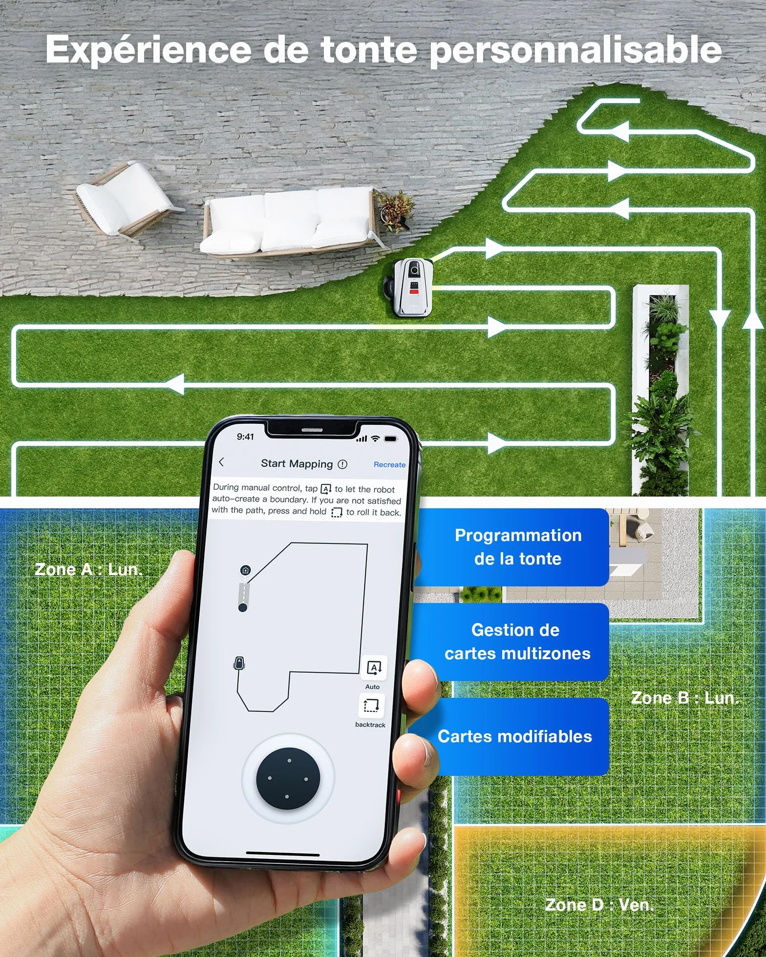 Ecovacs Goat A1600 LiDAR Pro Robot Tondeuse sans Fil 1600 M² Navigation Dual-LiDAR 360° Évitement d'obstacles 3D par IA Charge Ultrarapide