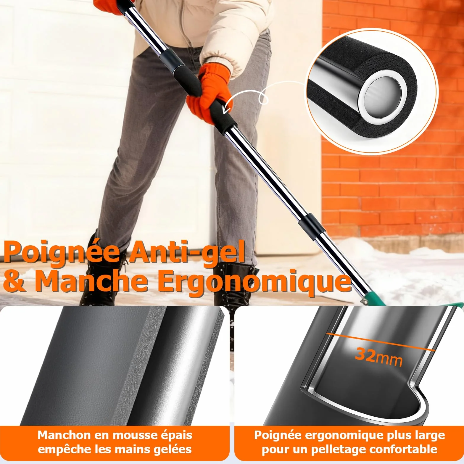 Pelle à Neige 163cm, Pelle Métal Haute Résistance 41cm, Manche Long Ergonomique Anti-Givre