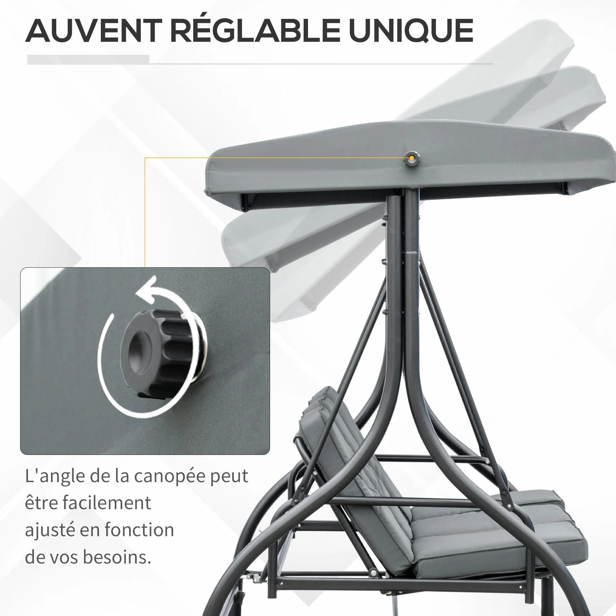 Outsunny Balancelle de Jardin 3 Places Convertible Toit réglable Matelas 7 cm Gris métal époxy Noir