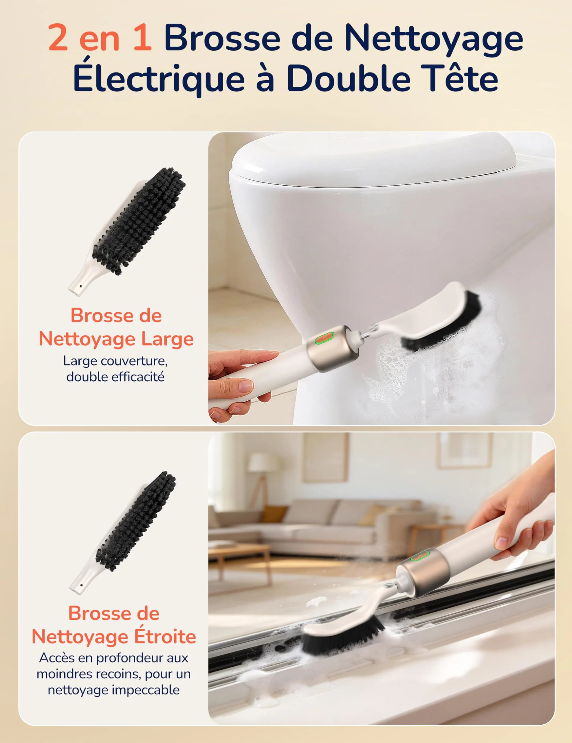 Brosse de Nettoyage Électrique, PalNests Brosse Joint Carrelage avec 2 Têtes et 3 Vitesses Réglables pour Salle de Bain, Baignoire, Toilettes, Cuisine, Carrelage et et Voitures