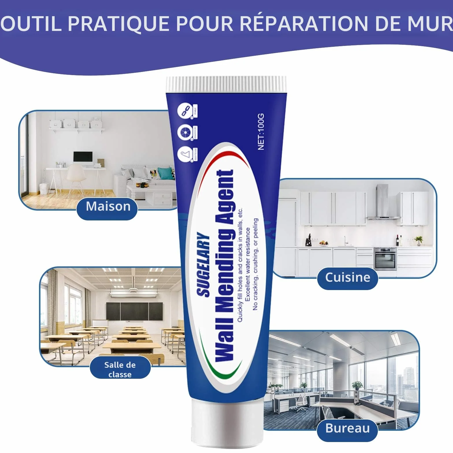 Crème de Réparation Murale, Enduit de Rebouchage Imperméable et à Séchage Rapide, Enduit de Rebouchage Pâte de Murs qui Répare Efficacement les Rayures, Trous, Fissures, Graffitis (100g -1 pièce)