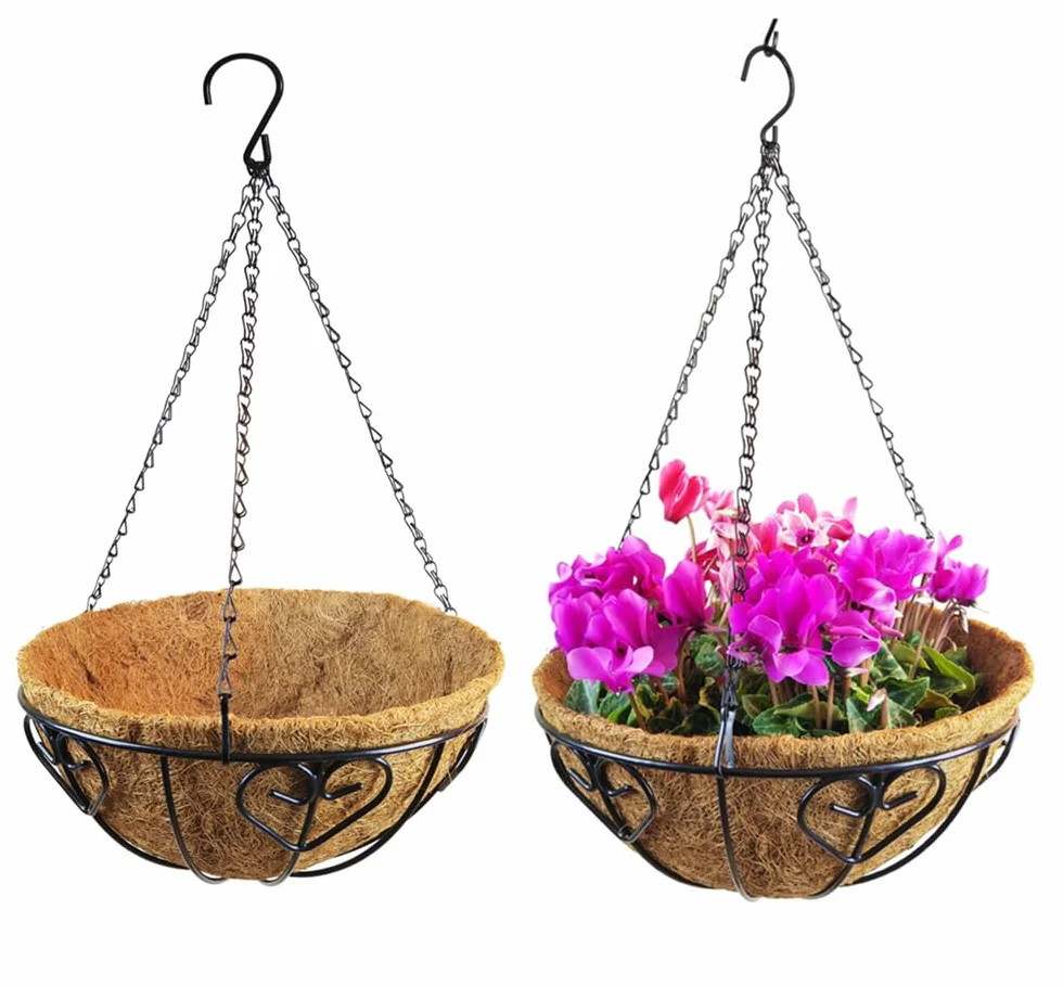 NatureMan Lot de 2 paniers de plantation suspendus 25 cm - Pots de fleurs extérieurs avec doublure en coco - Support pour plantes rond en fil de métal avec chaîne