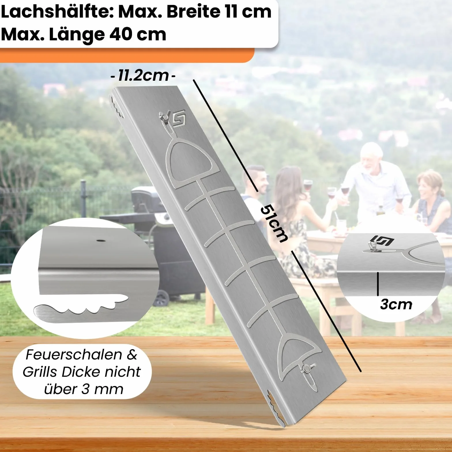 Planche à saumon flammé acier inoxydable demi-poisson 11 cm large écrou fixe 5 angles réglables