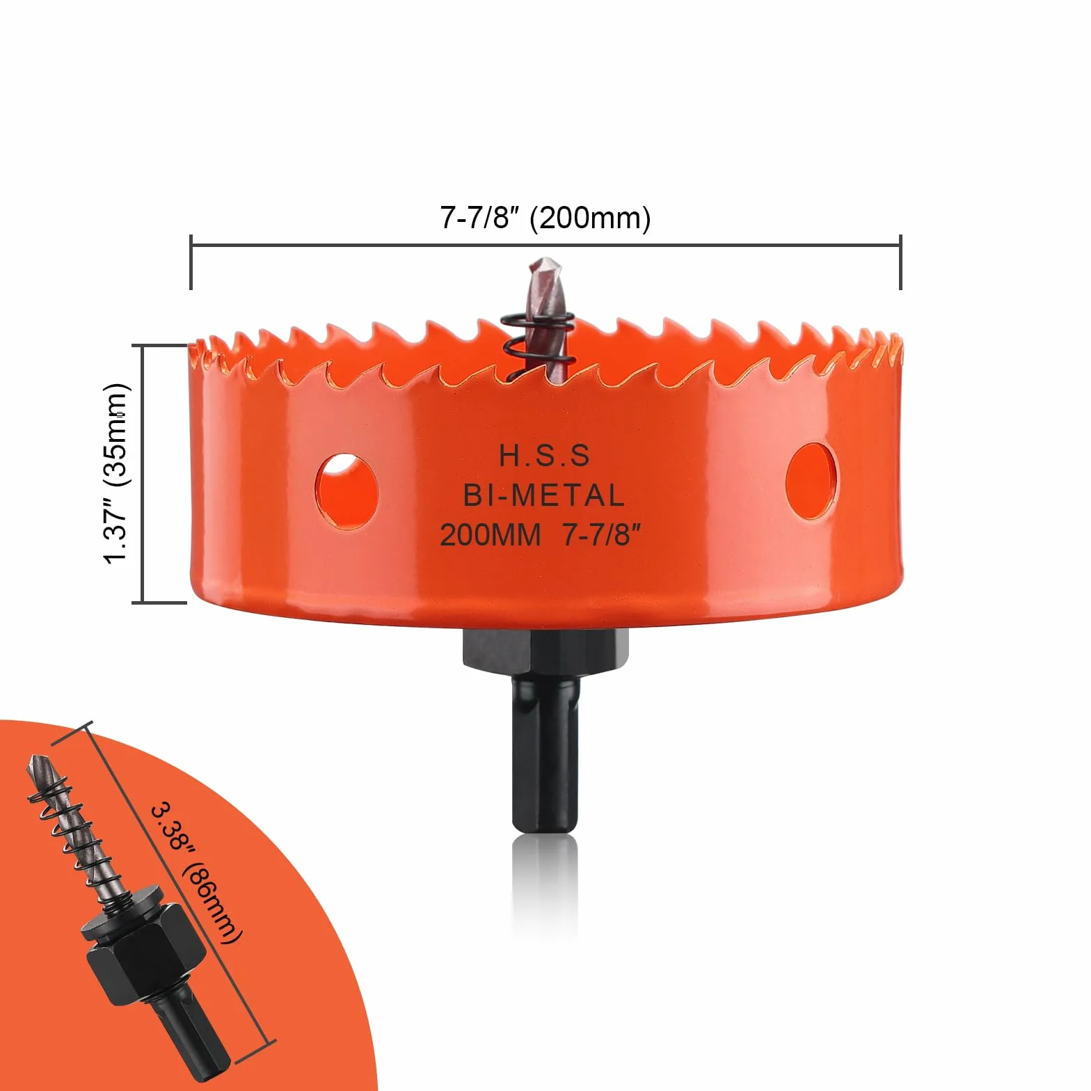 Scie cloche - 200 mm - Orange - Acier rapide HSS M42 bi-métal - Scie cloche avec tige hexagonale et foret avec profondeur de coupe de 35 mm - Pour bois, construction sèche et tôle métallique