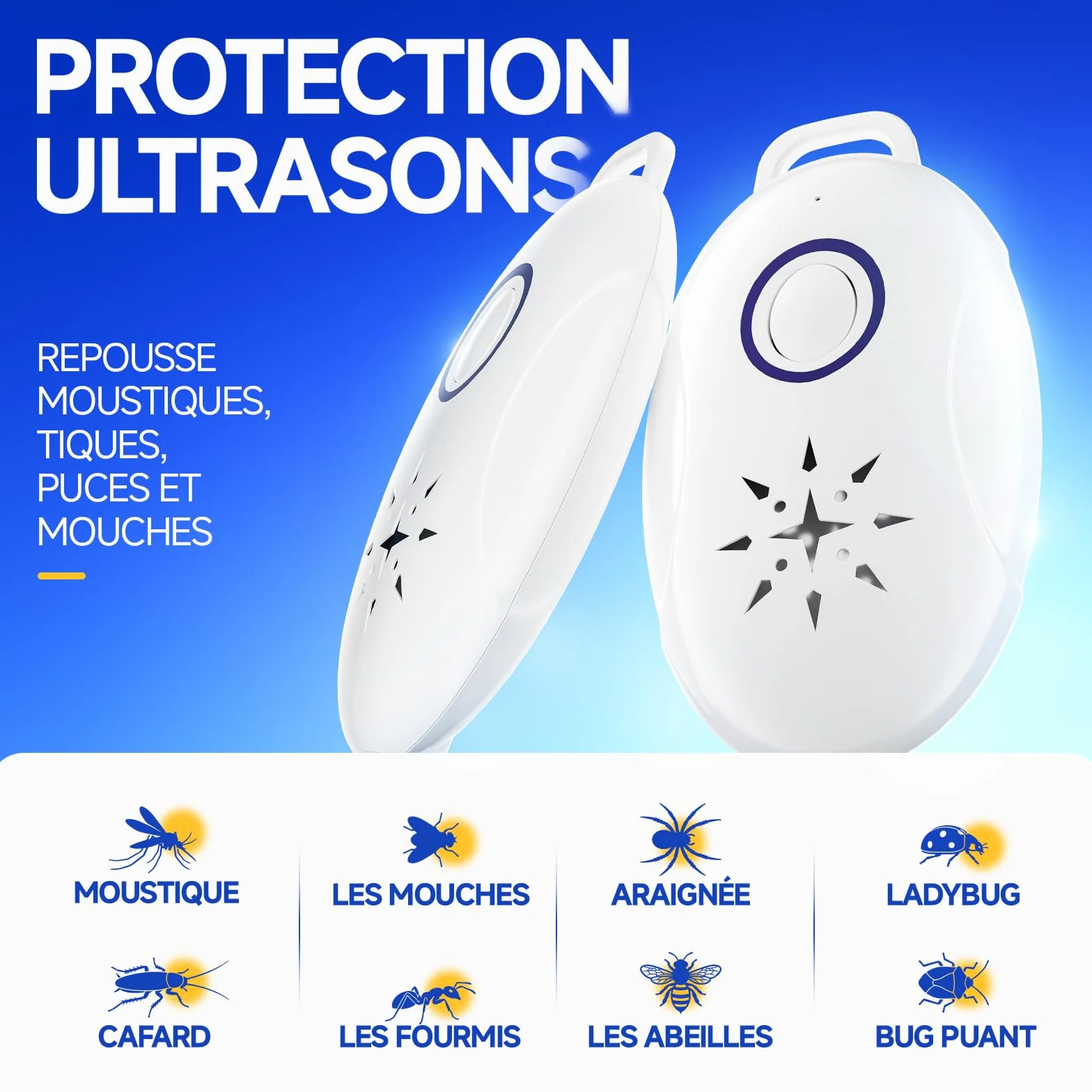 Répulsif À Ultrasons 2 Pack Anti Moustique Ultrason Portable Rechargeable USB Camping Extérieur Intérieur Insectes Araignées