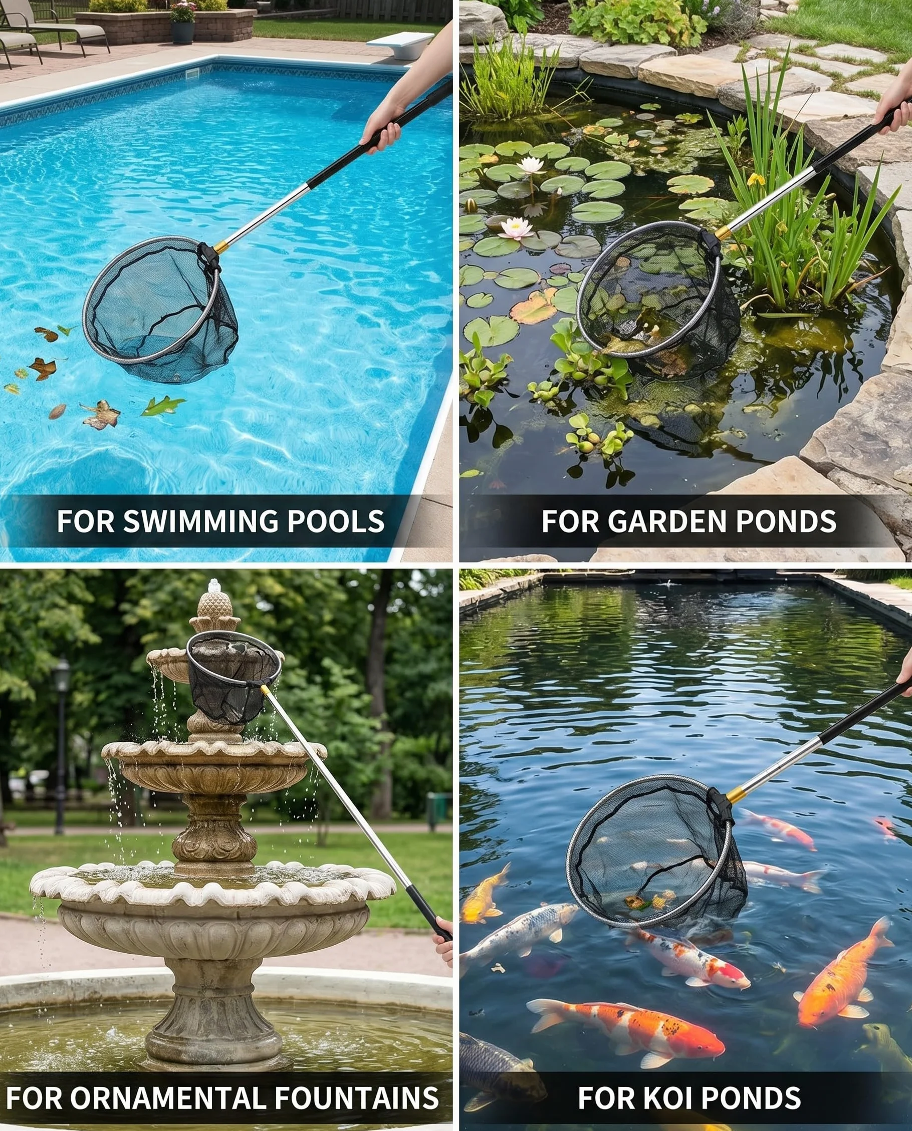 Épuisette de Bassin 150 cm avec Manche Télescopique pour Nettoyer Piscines et Bassins de Jardin