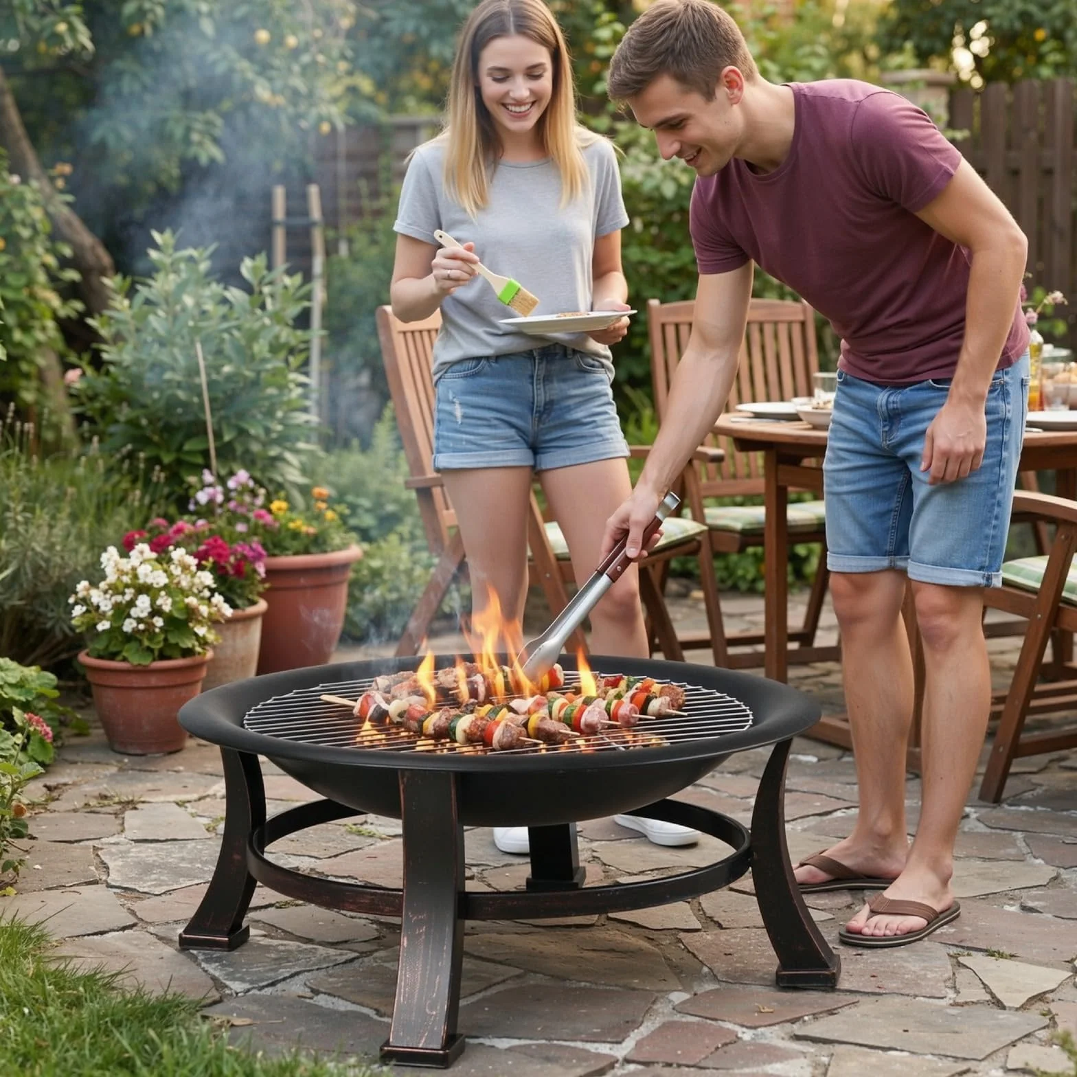 TLGREEN Brasero Exterieur Ø 76 cm avec Grille Barbecue Rétro Jardin Terrasse Foyer Extérieur Noir Grand
