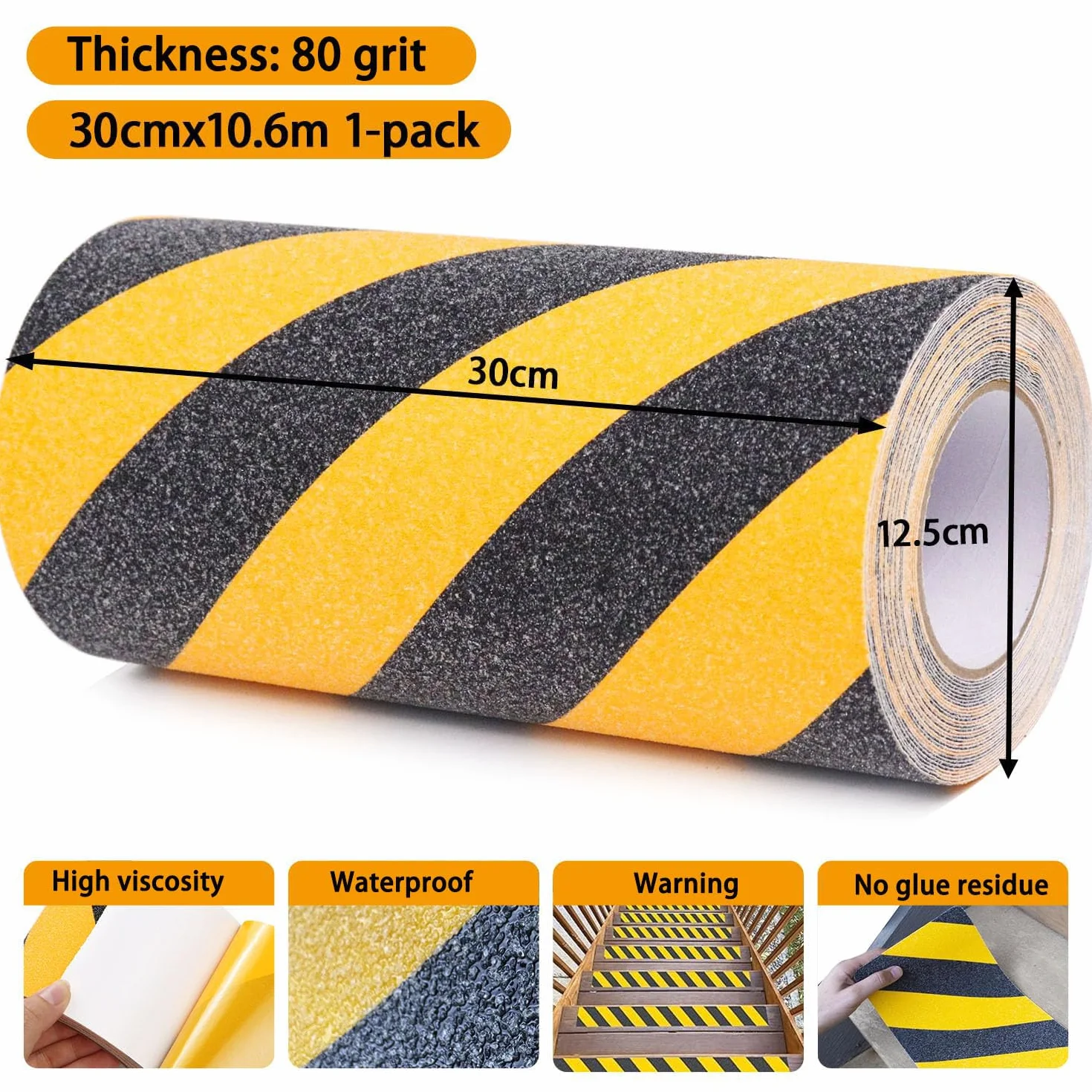 CHUANGSEED Ruban adhésif antidérapant jaune et noir 30,5 cm x 10,6 m haute adhérence pour intérieur/extérieur antidérapant rouleau de ruban d'avertissement de traction