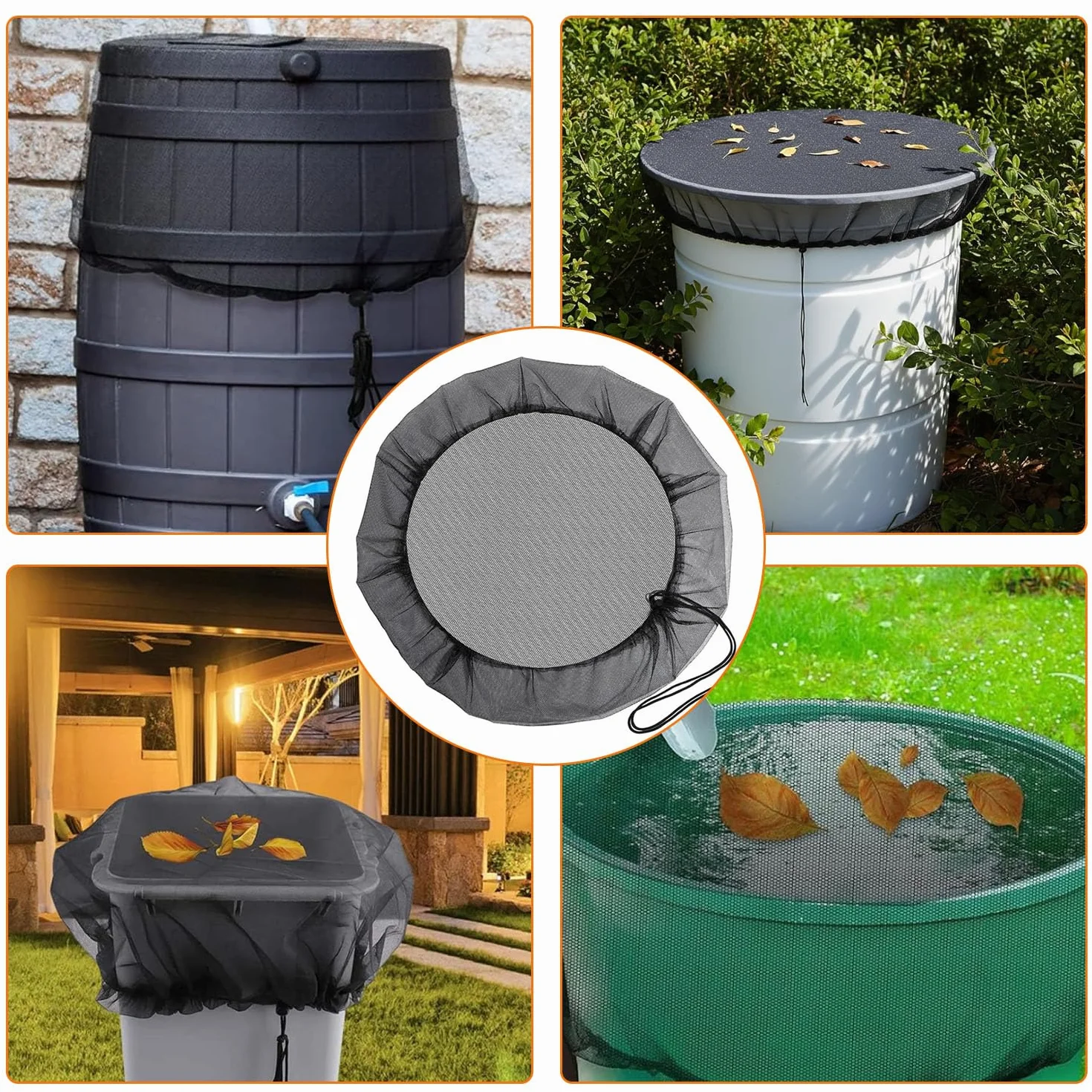 Housse pour Tonneau de Pluie Filet de Protection Réglable 4 Pièces Anti-Feuilles Insectes Toutes Saisons