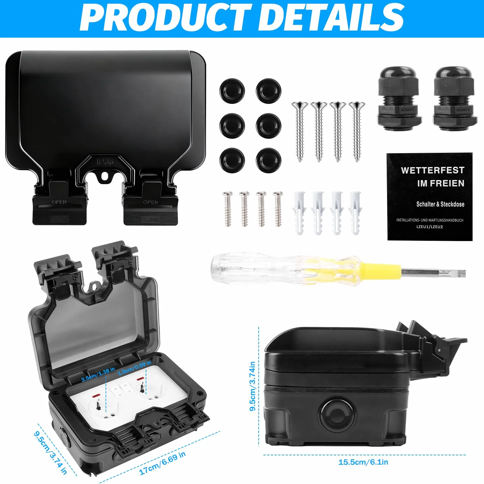 Prise Exterieure Etanche IP66 avec Interrupteur et Voyant Lumineux, Prise Etanche Exterieur en Saillie pour le Jardin, Espaces Extérieurs et Garage