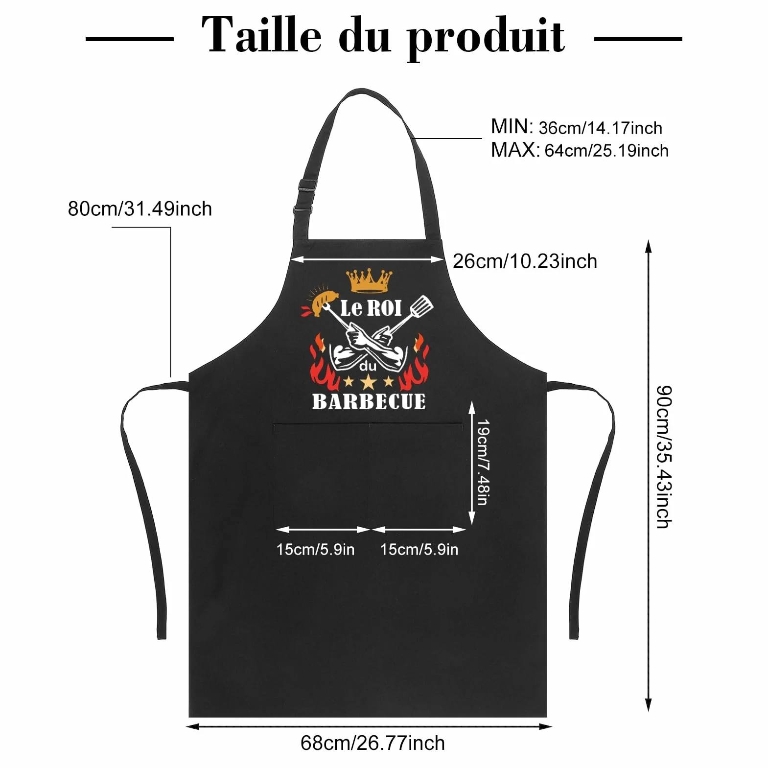 Tablier Barbecue Homme Noir Étanche Réglable pour Cuisine BBQ Fête Pères Anniversaire
