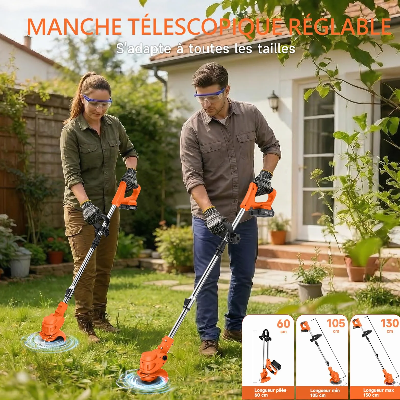 Debroussailleuse Electrique sans Fil 850W Rotofil 60cm Manche Telescopique 2x 2000mAh 26 Lames Orange Cuivré