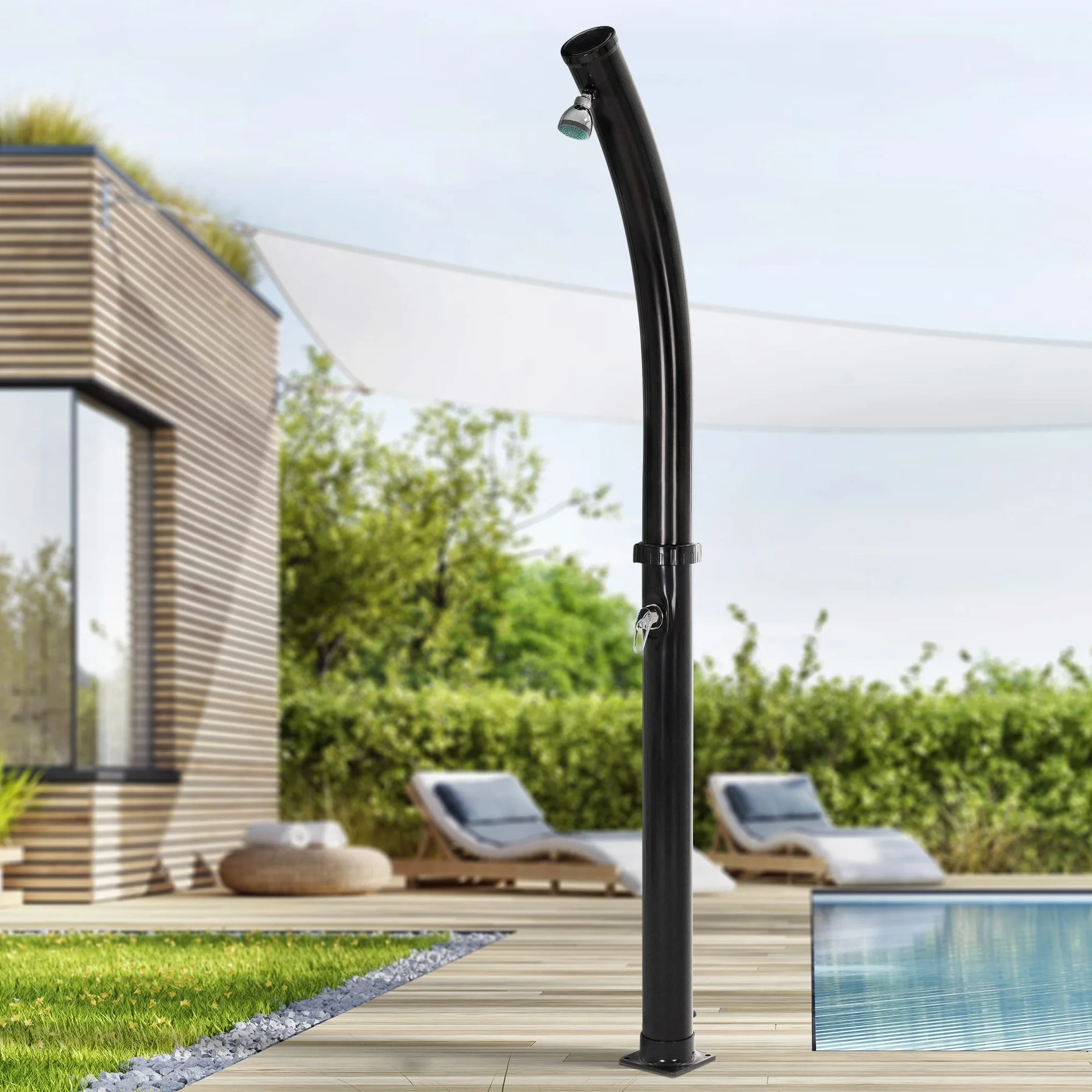 Douche Solaire de Jardin 20 L 222 cm Ronde Noir Courbé, Eau Chaude jusqu'à 60°C sans Branchement Électrique