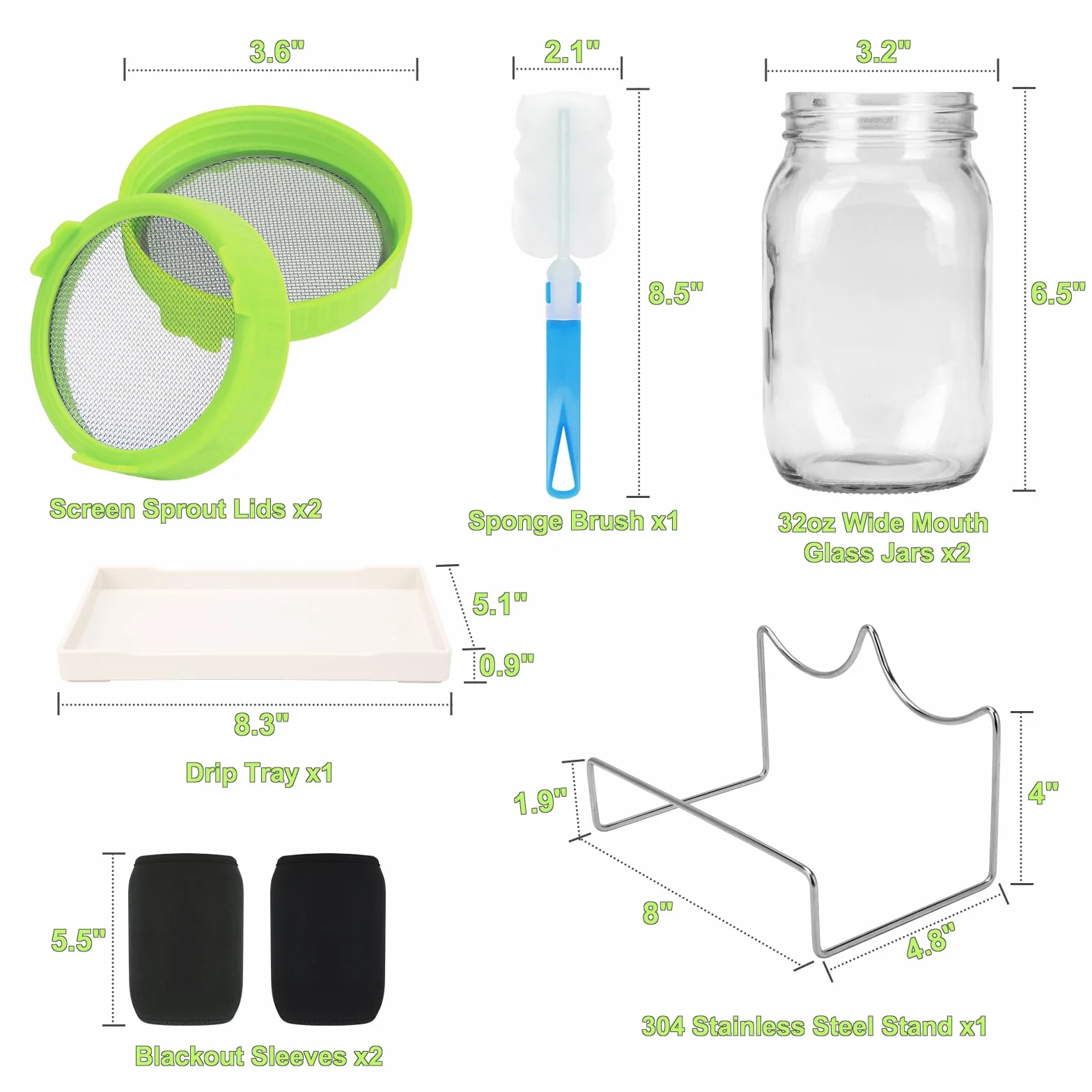 Bocal de Germination 2 x 1000ml Germoir en Verre avec Couvercles Maille Inox, Support, Plateau