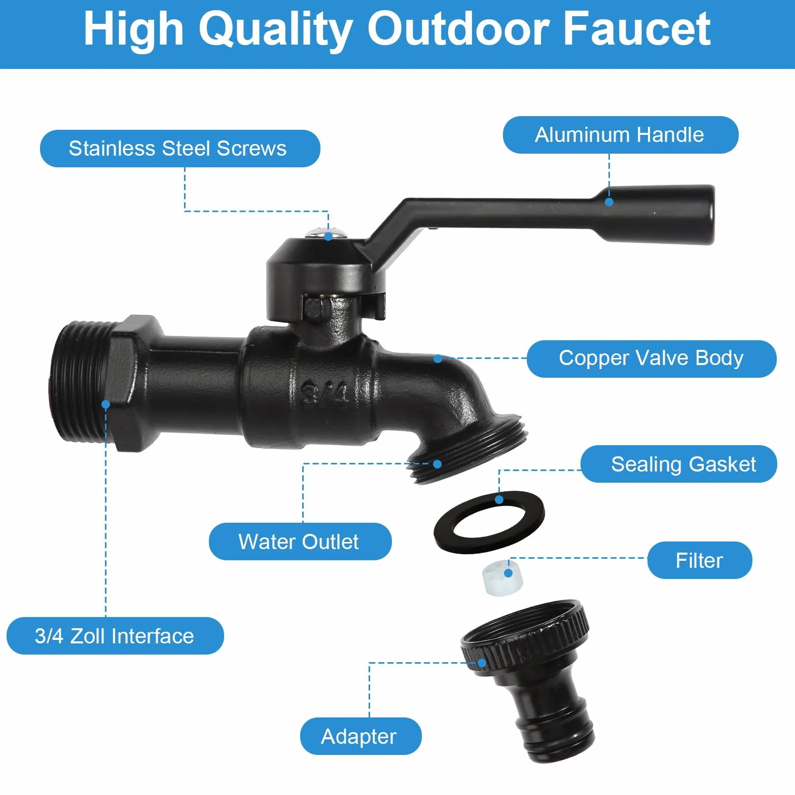 Robinet de Jardin 3/4" en Laiton Antigel Noir avec Adaptateur