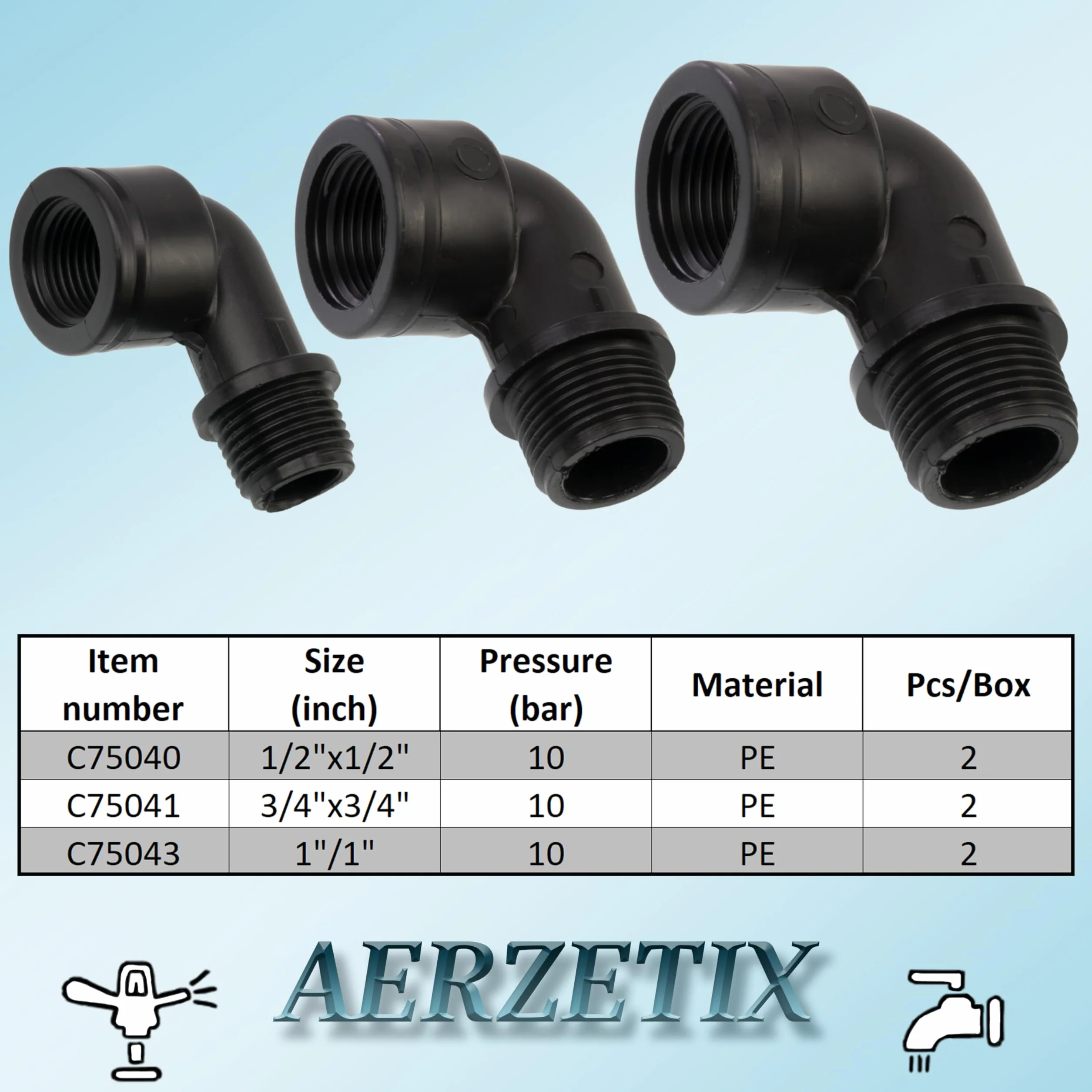 AERZETIX Lot de 2 Raccords Coudés 90° Mâle-Femelle 1/2"x1/2" pour Tuyau d'Arrosage Irrigation - Pression Max 10 Bars Polyéthylène