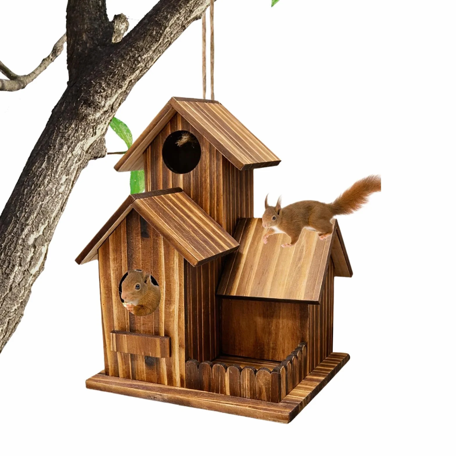 Eichhörnchen-Futterstation Drei-Kammer-Design Holz Futterhaus Streifenhörnchen Feeder mit Flexiblem Dach Wetterfestes Natur-Echtholz Haus