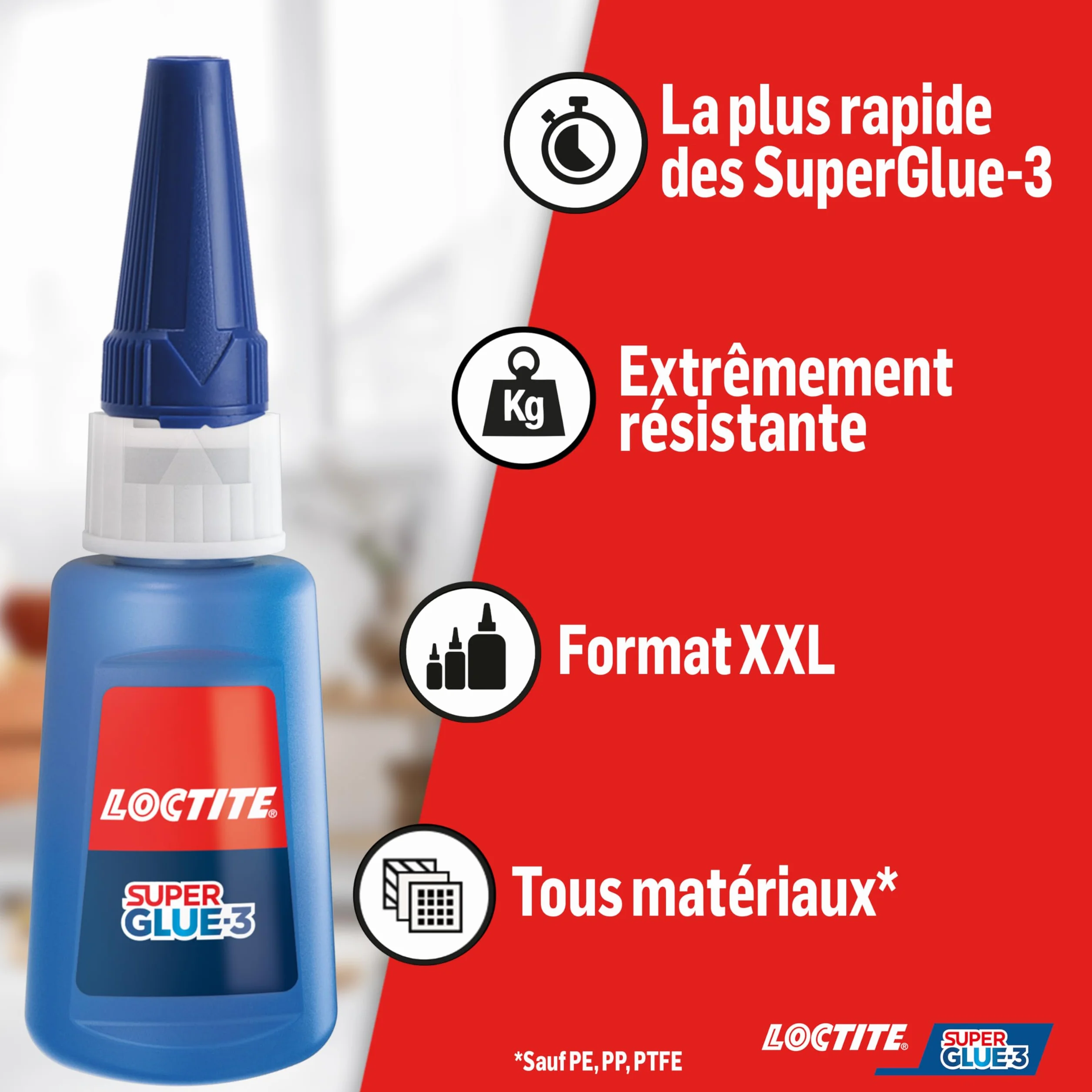 Loctite - Super Glue-3 XXL (1 flacon de 20 g) – Colle forte grand format pour usages fréquents – Colle liquide à séchage immédiat – Solution adhésive transparente multi-matériaux