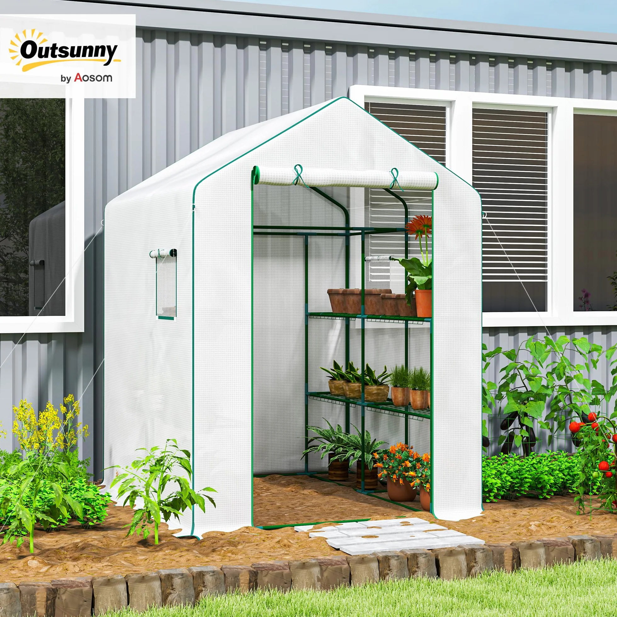 Outsunny Serre de Jardin PE 3 Niveaux 135 g/m² Anti-UV Acier 140x143x190cm Blanc