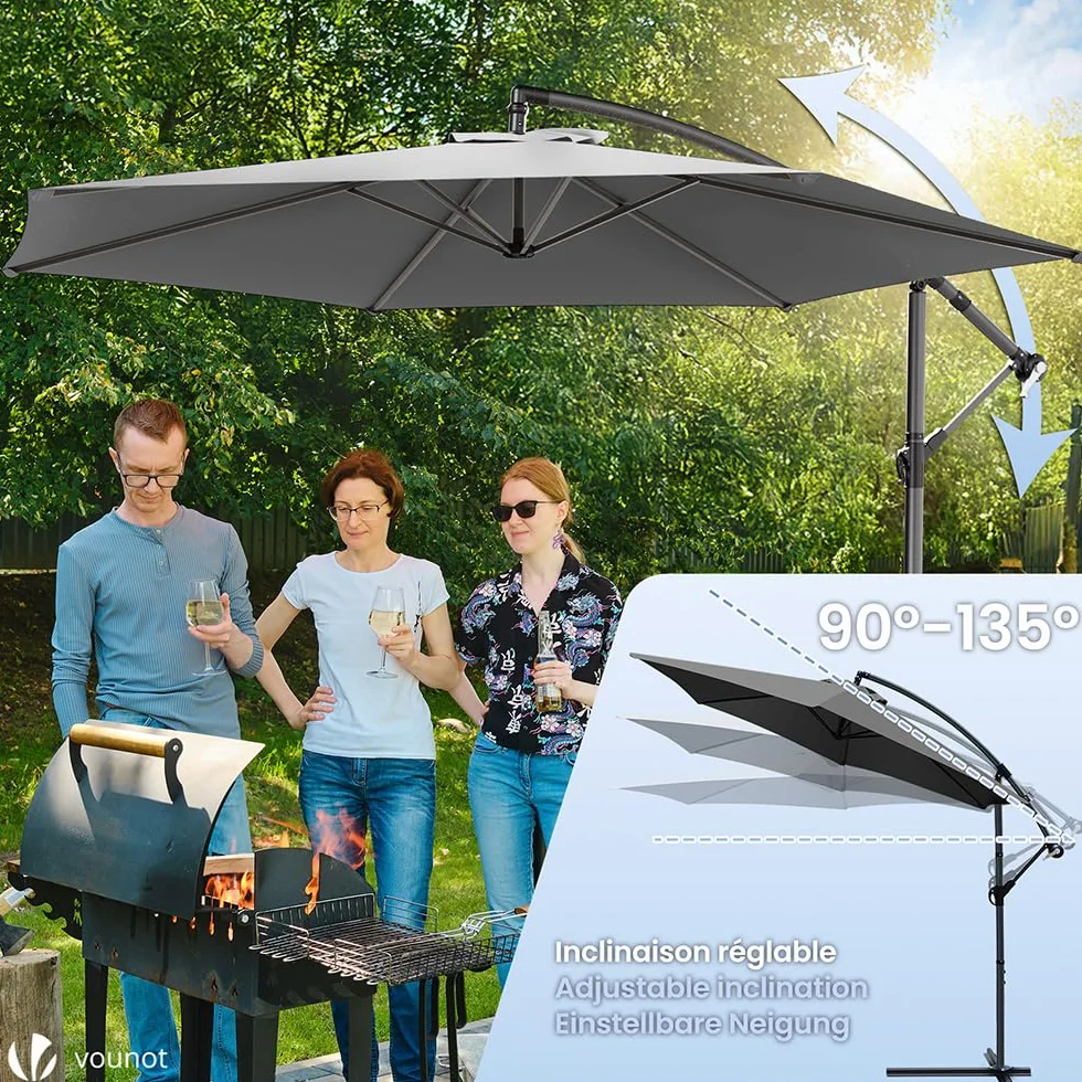 Vounot Parasol déporté hexagonale 3M avec manivelle anti-retour toile 180 gr/m2 protection UV gris