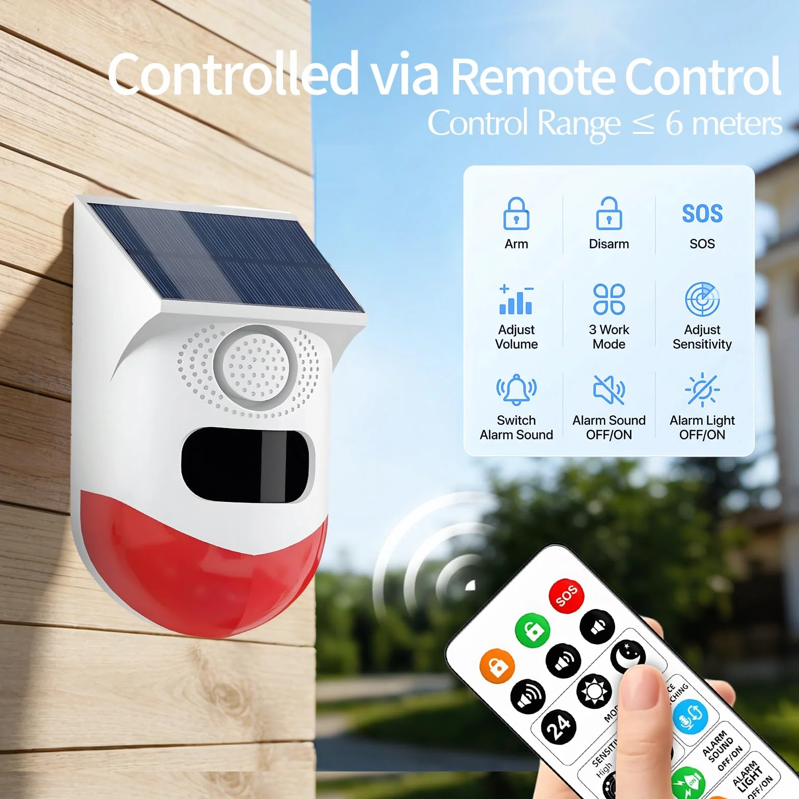 WiFi Detecteur de Mouvement, Sirene Alarme Extérieur/Intérieur Alimentation Solaire Prise en Charge, Volume 0~120dB, Contrôle à Distance, Réglage Horaire, avec Télécommande