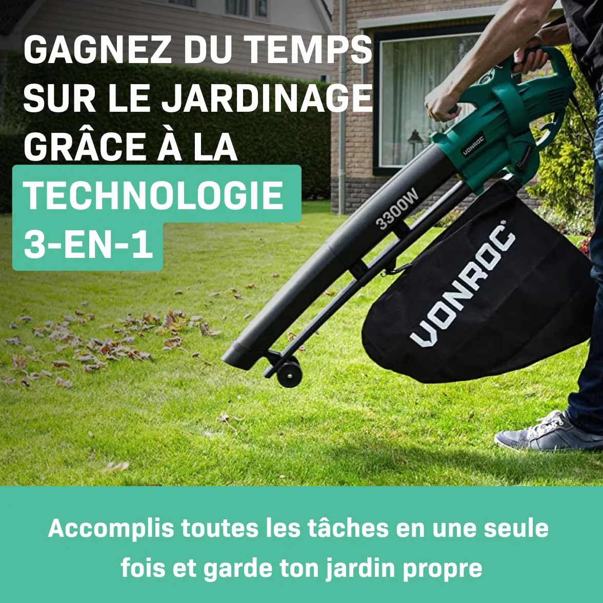 VONROC Souffleur de Feuilles 3-en-1 3300W Aspirateur Souffleur 270km/h 40L