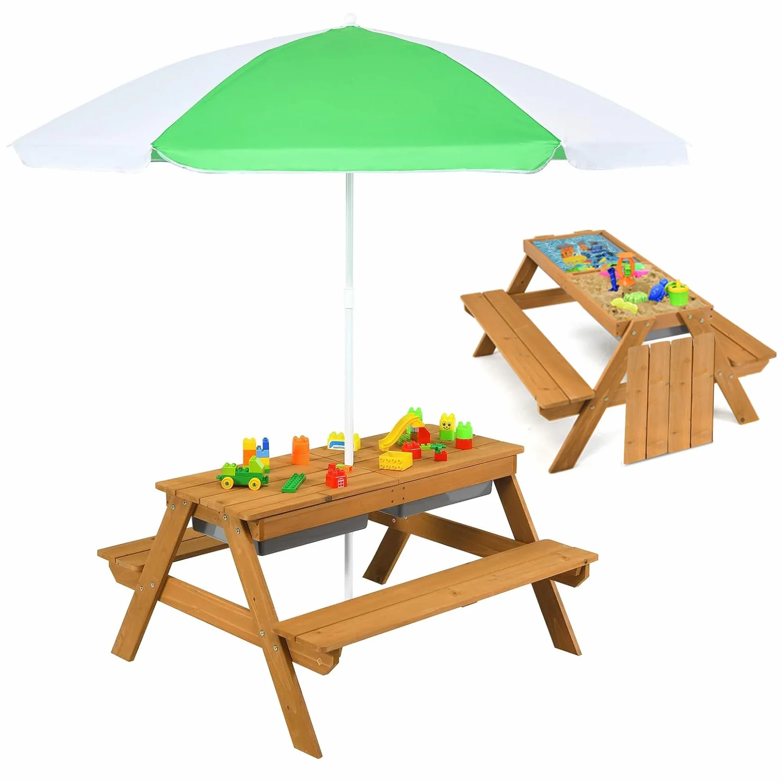 COSTWAY 3 en 1 Table de Pique-Nique Enfants avec Parasol Amovible, Table de Jardin, 2 Boîtes Sable & Eau, Charge 50kg