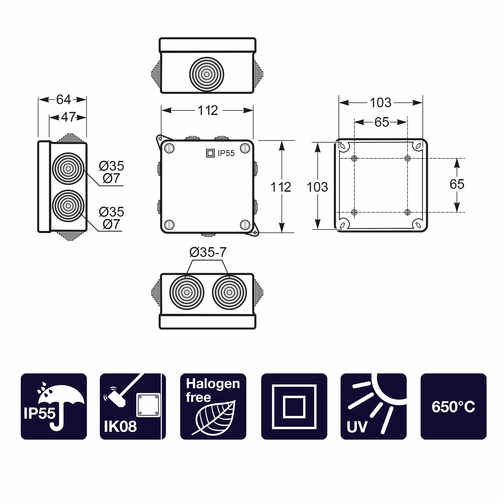 FAMATEL – Boitier étanche IP55 | Exempt d’halogènes | Haute résistance aux chocs | Vis de fermeture 1/4 de tour | Assemblage facile | Cône métrique | 100x100x55 | Gris