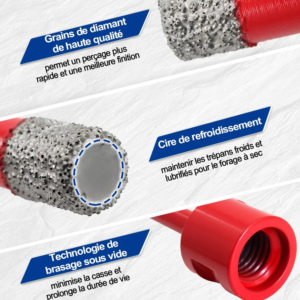 SHDIATOOL Forets Diamant Brasé Sous Vide 6mm/8mm/10mm Trépans M14 Perçage à sec Porcelaine Carrelage Granit Marbre