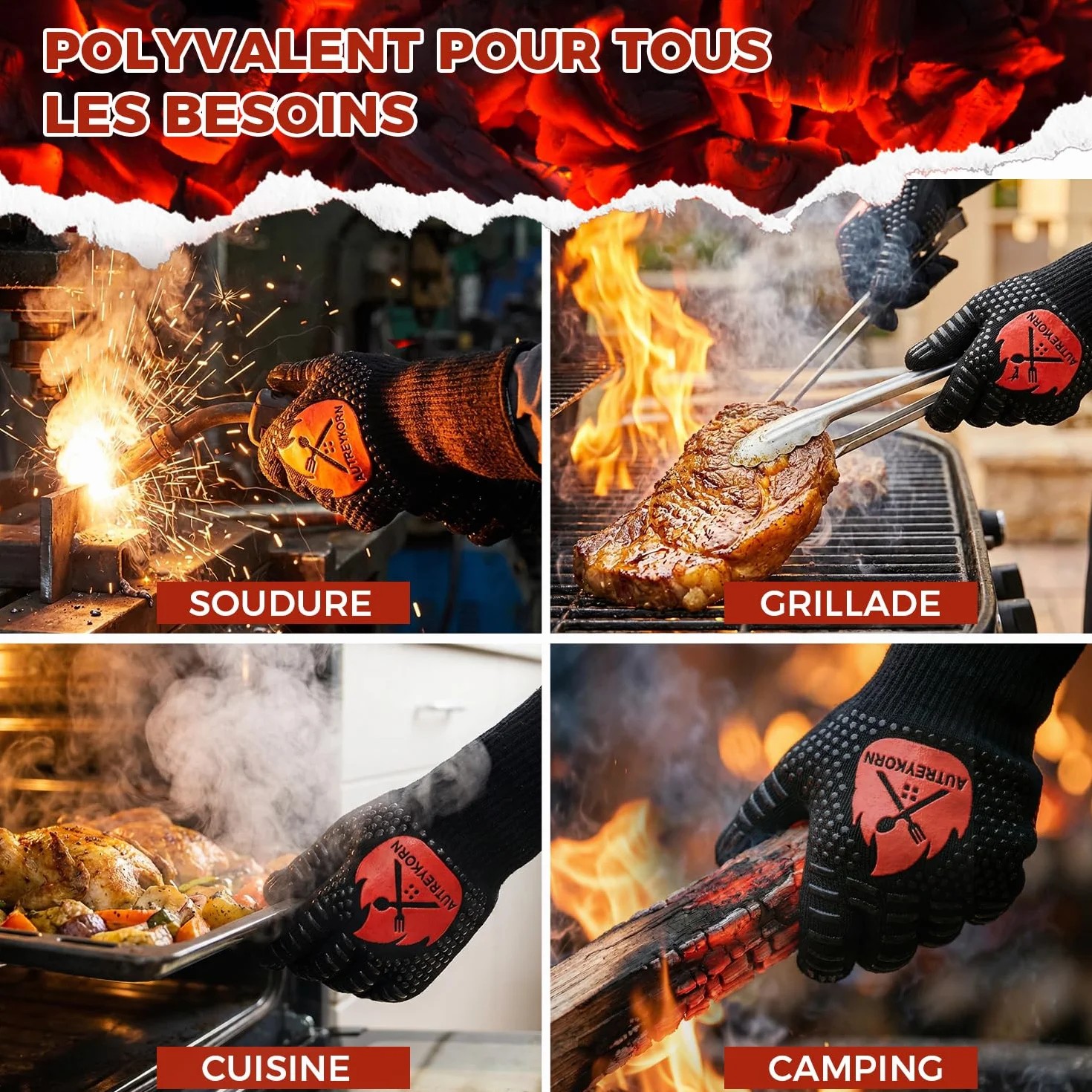 Gants de Cuisine Résistants jusqu'à 800°C en Aramid Ignifugé EN407 Antidérapants Noir L/XL/XXL