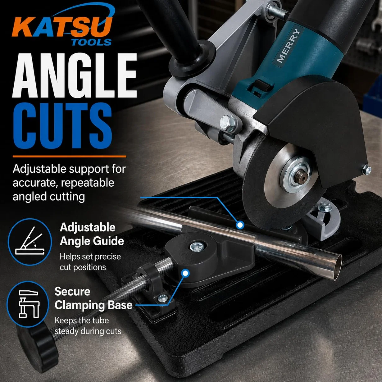 KATSU Support pour Meuleuse d'Angle - Ø 100mm à 125mm Base en Fonte Robuste de Support de Tronçonnage pour Meuleuse électrique avec 11 Disques de Coupe en Bois et en Acier 105422