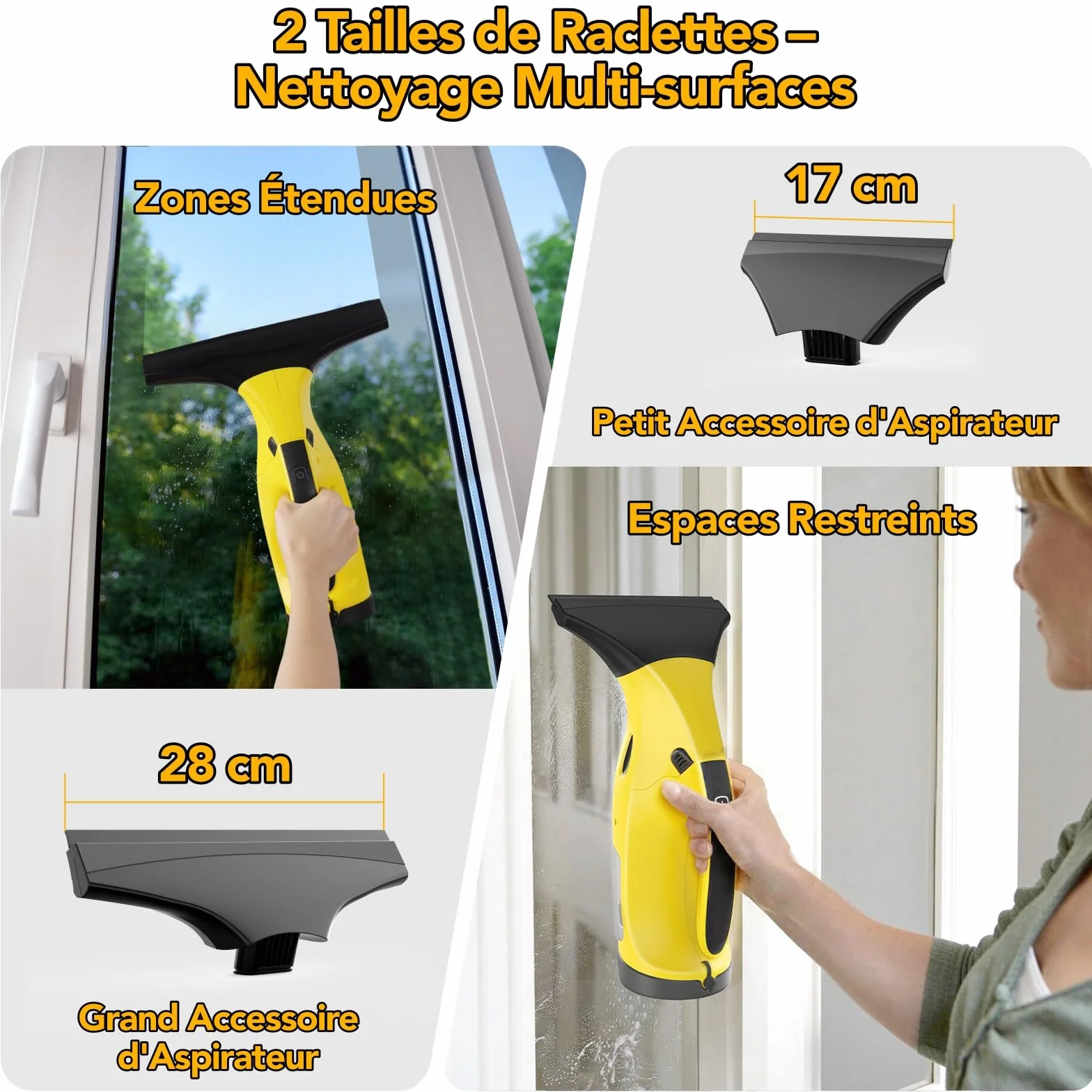 Nettoyeur de Vitres Aspirateur de fenêtre Rechargeable avec Lames de raclette de 28 cm et 17 cm, Ensemble d'aspirateur de vitres pour Nettoyer Les vitres, Les Portes de Douche, Les miroirs