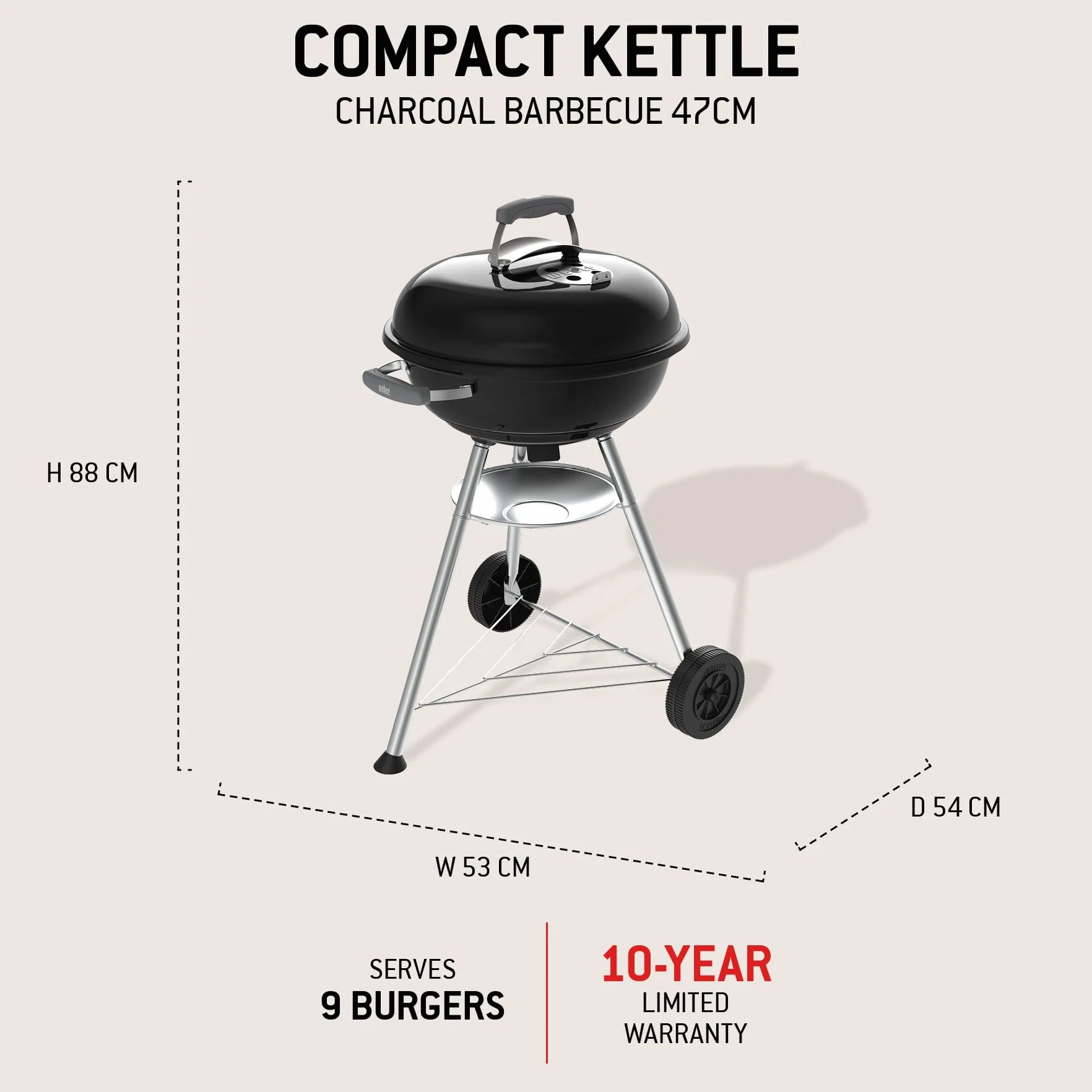 Weber Compact Kettle barbecue à charbon 47 cm, support et roues, noir