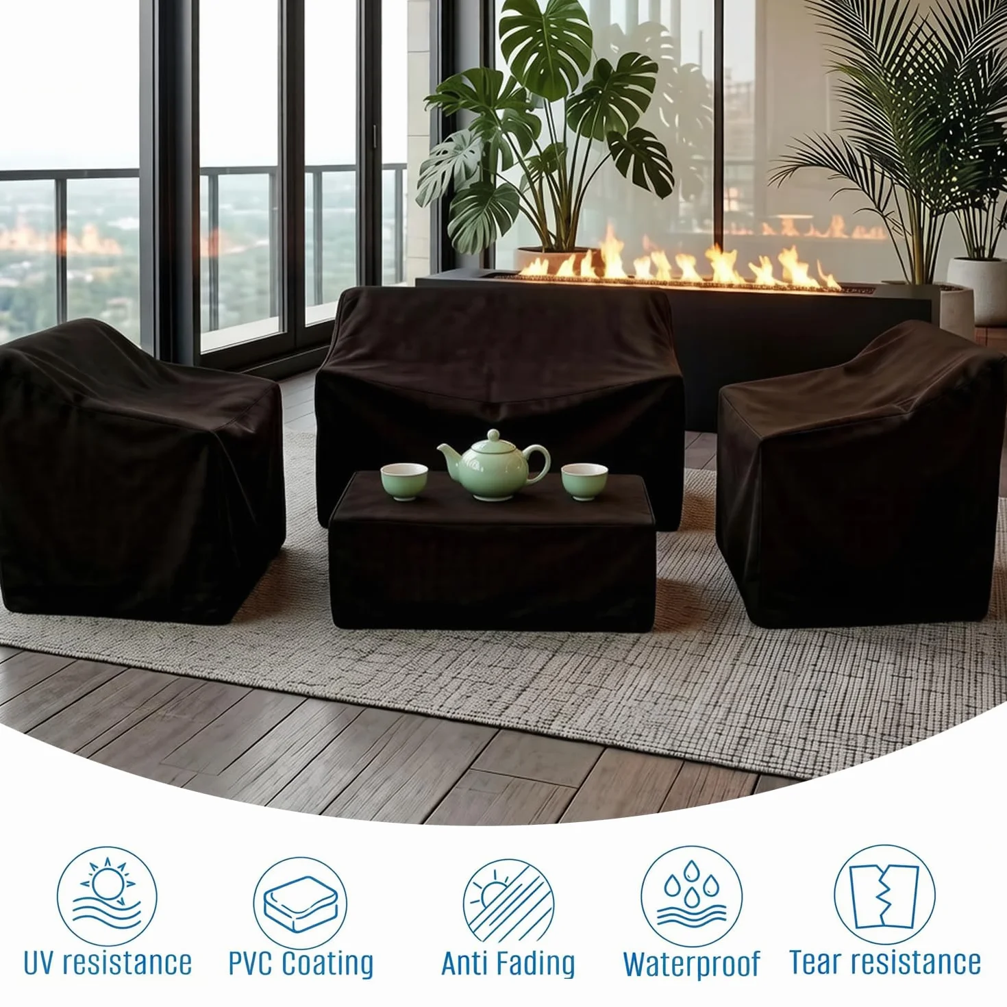 Housse Salon de Jardin Extérieur 4 Pièces 420D Imperméable - Bâche de Protection pour Meubles de Jardin Noir